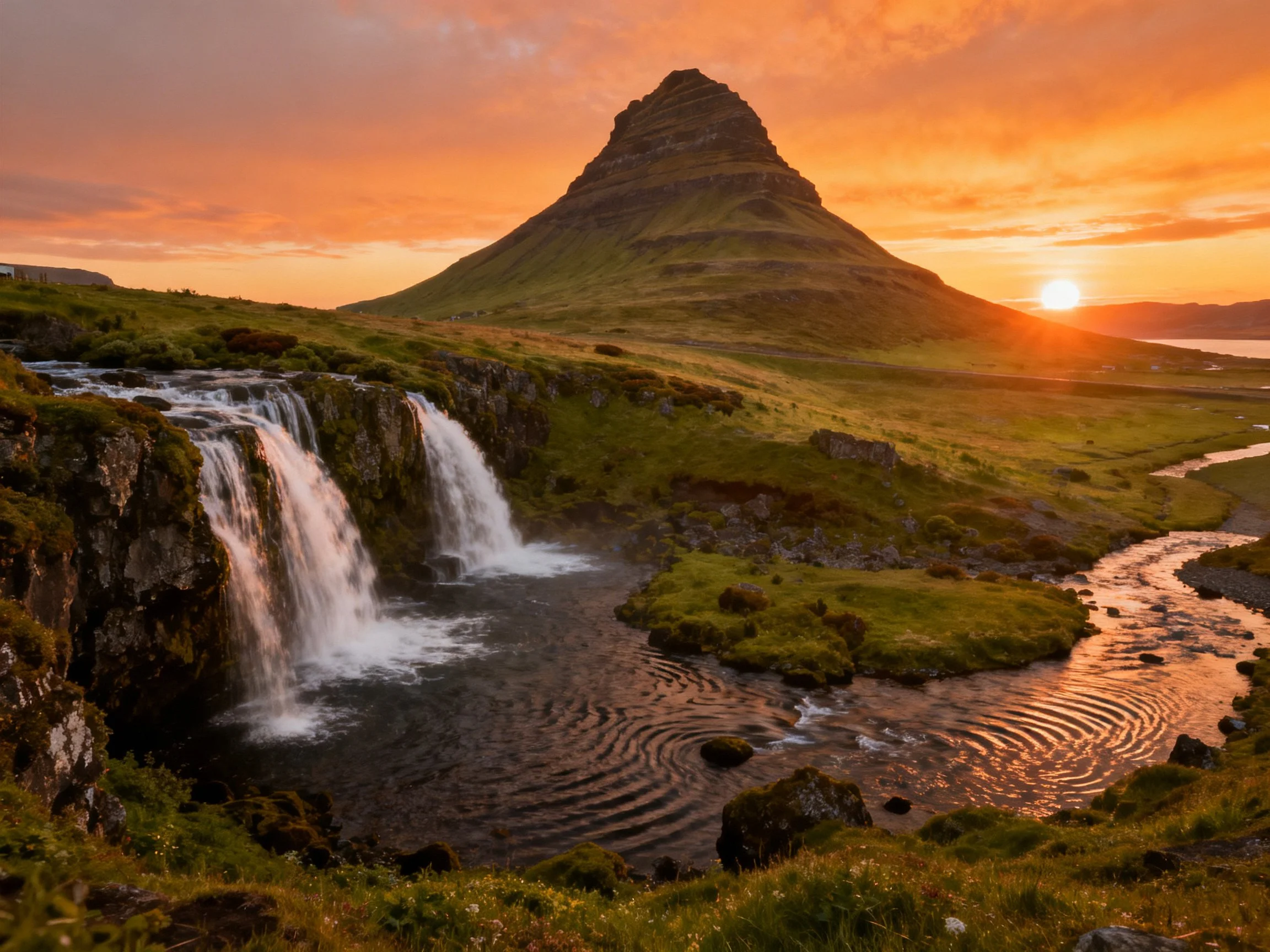 Sunset illuminates Kirkjufell mountain with cascading waterfalls below
