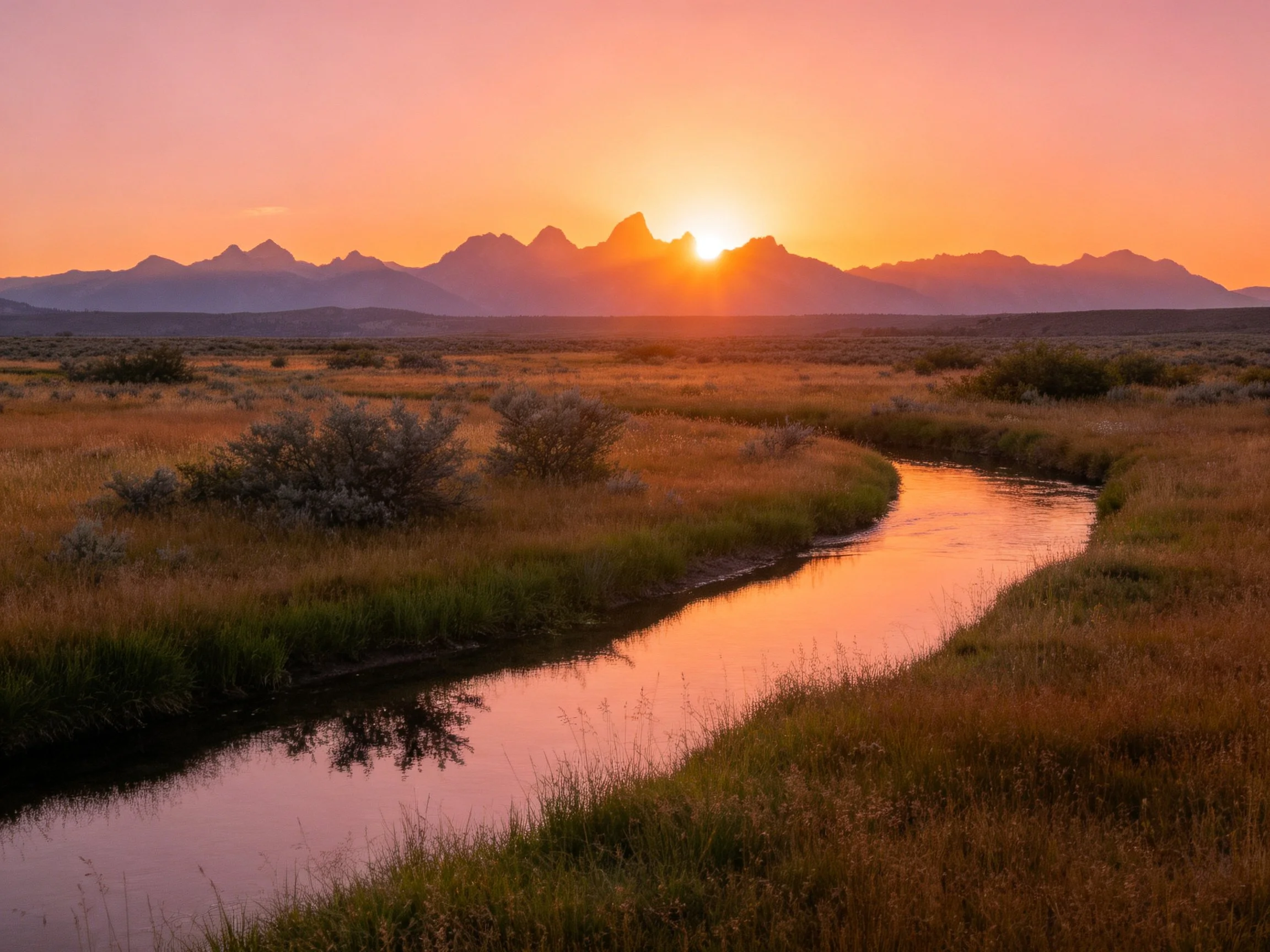 Sunset illuminates mountain peaks over winding creek and golden plains