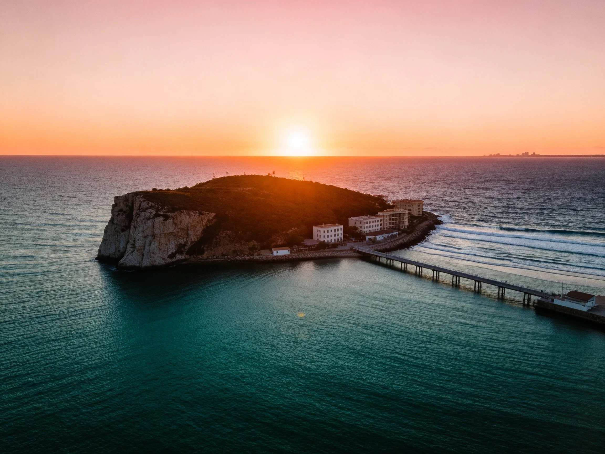 Sunset illuminates rocky coastal island with connecting pier structure