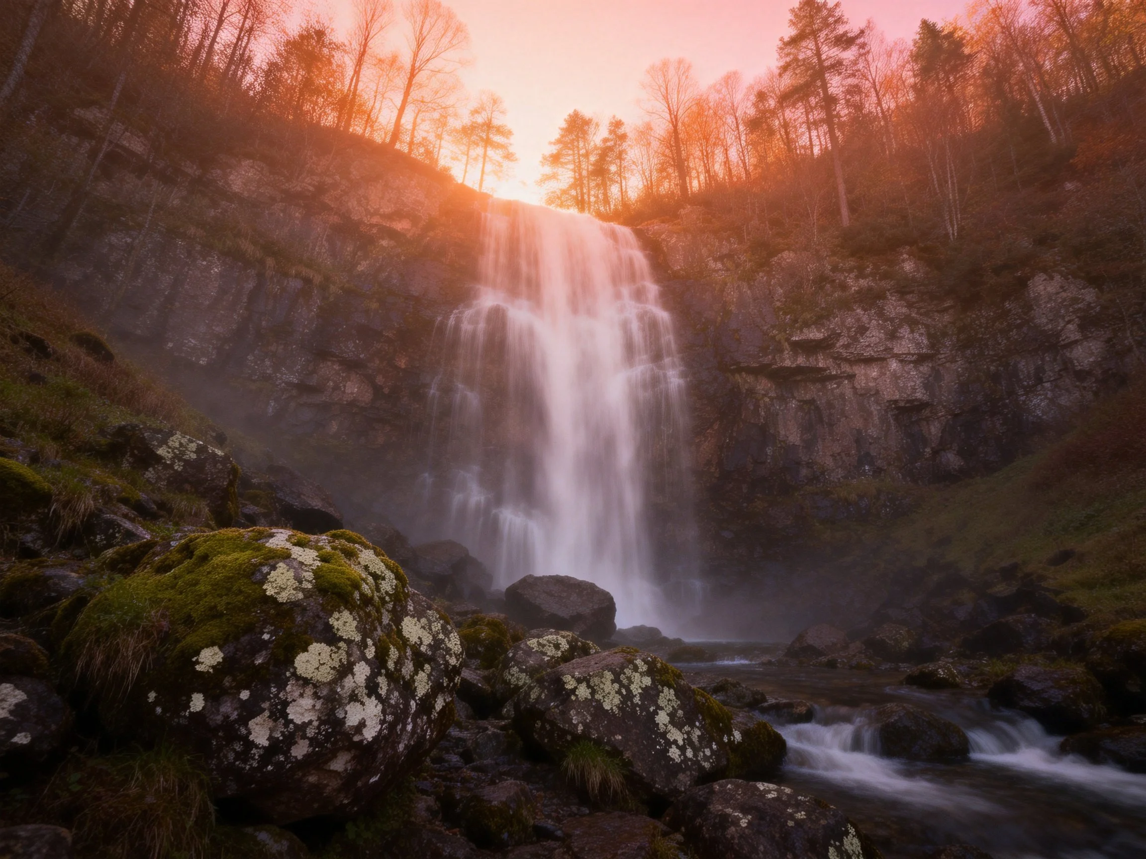 Sunset-lit waterfall with mossy rocks and forest backdrop