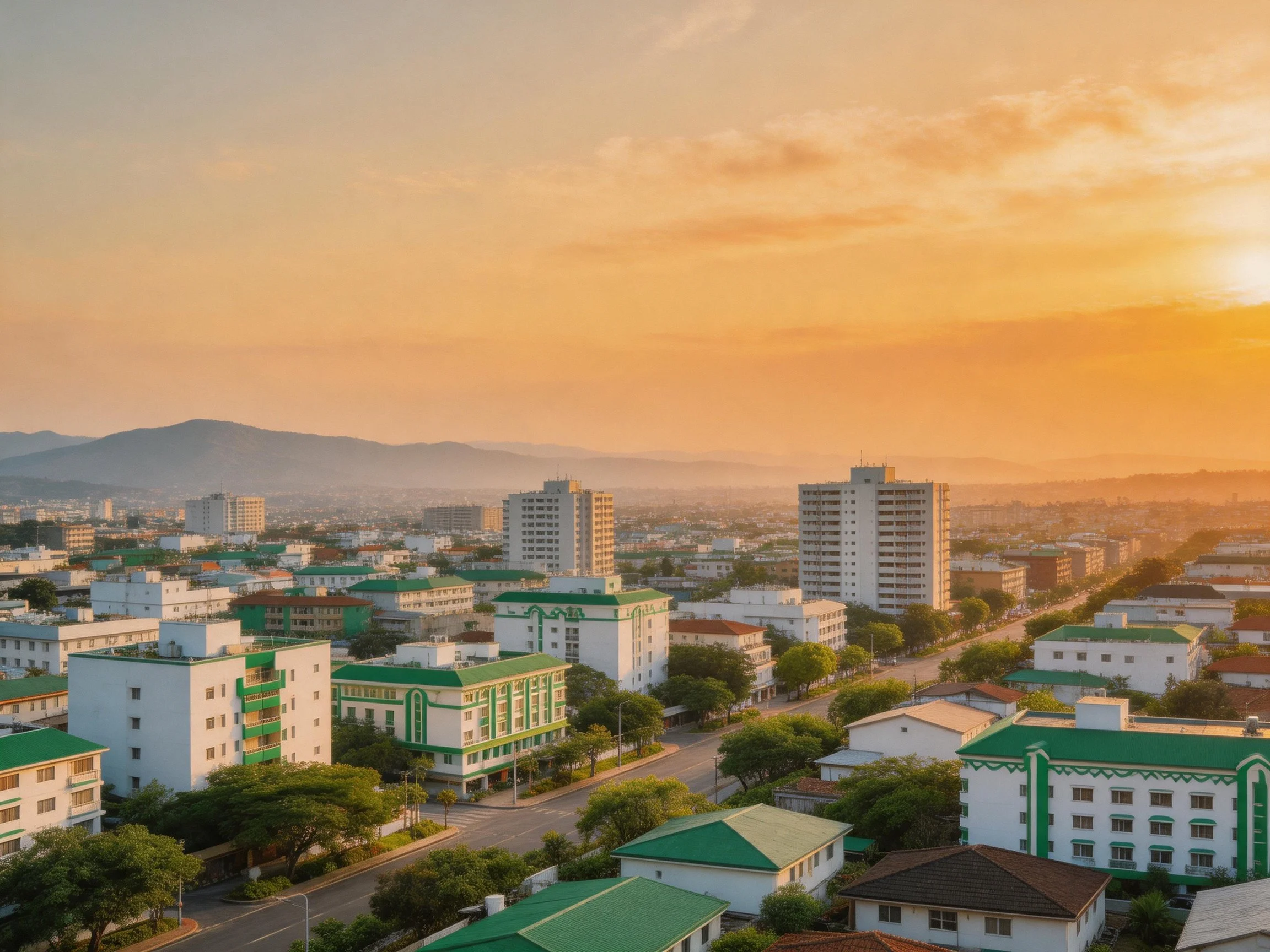 Sunset over a city with green-roofed buildings and distant mountains
