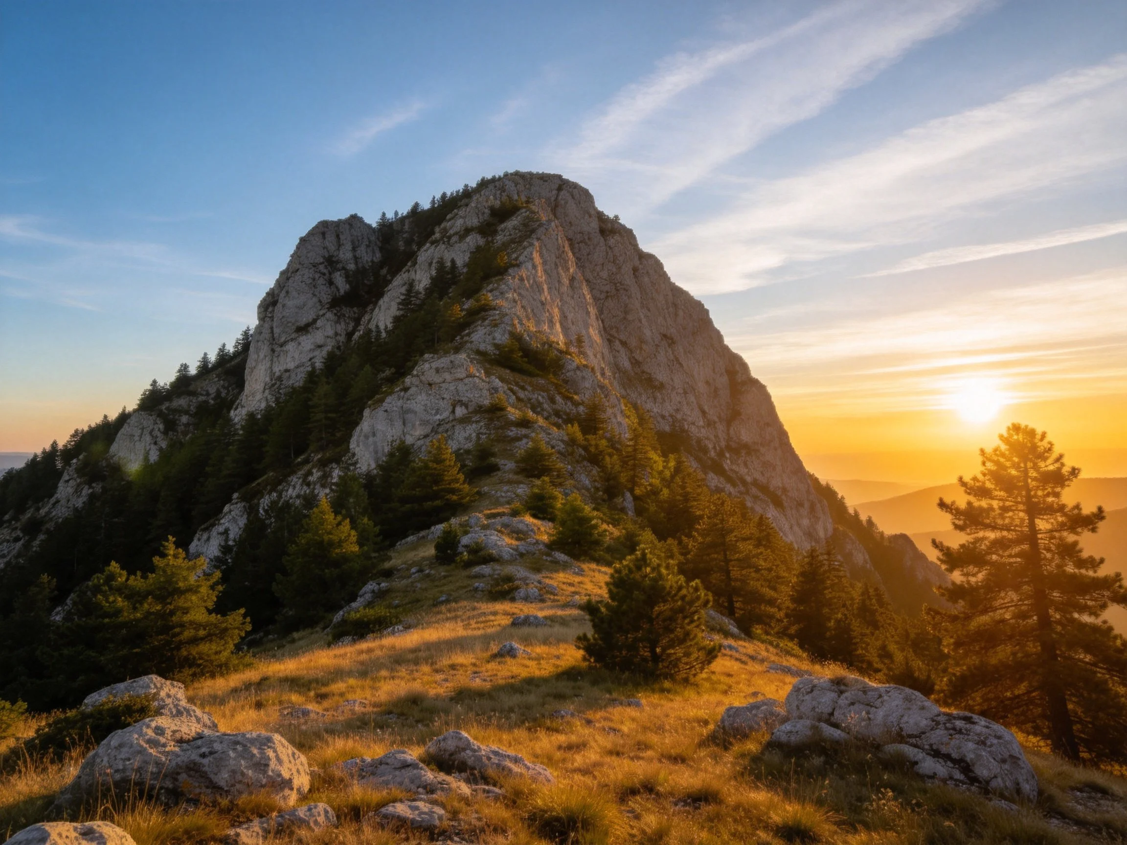 Sunset over a rocky mountain peak with pine trees