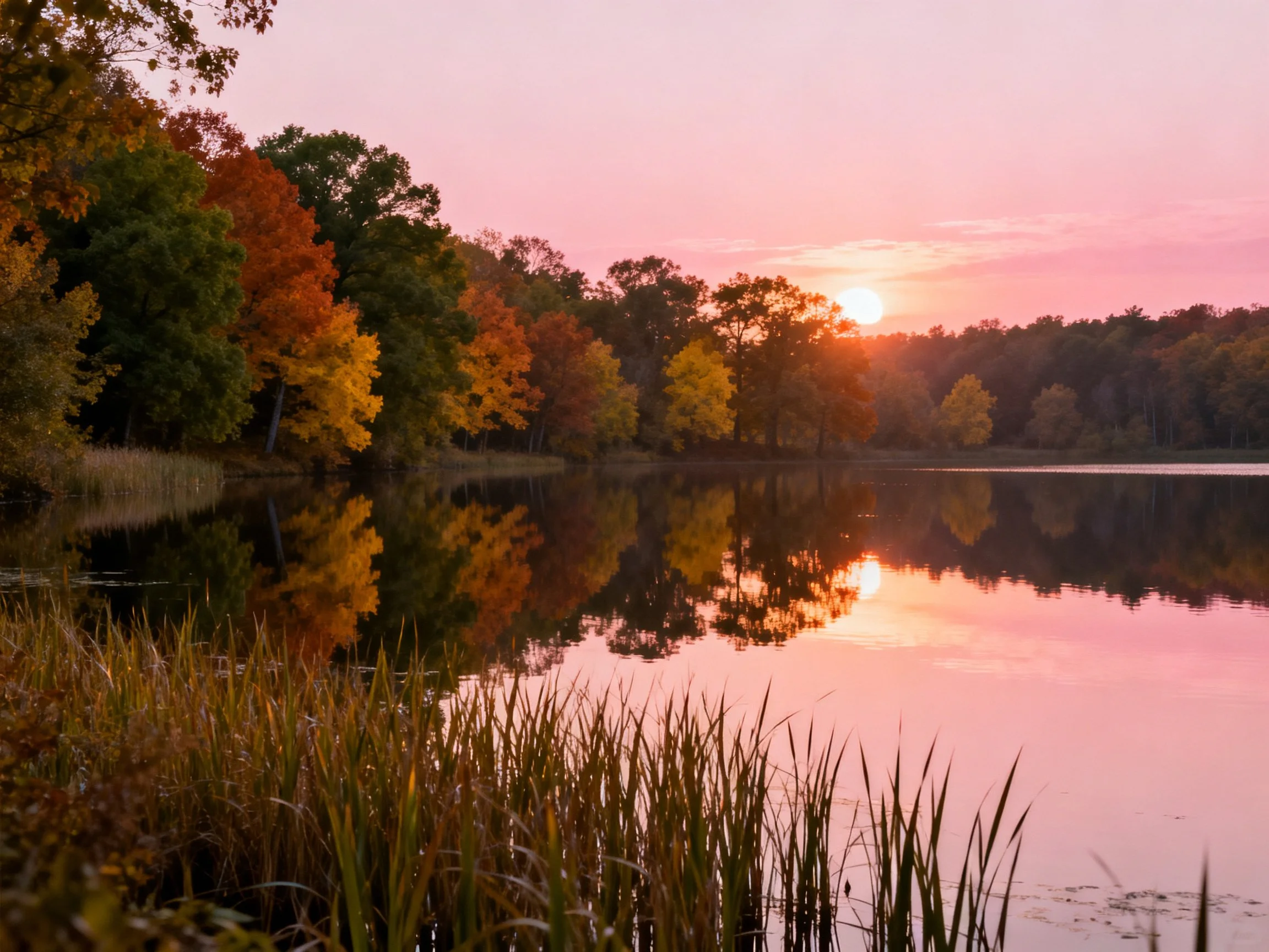 Sunset over calm lake with autumn foliage reflections