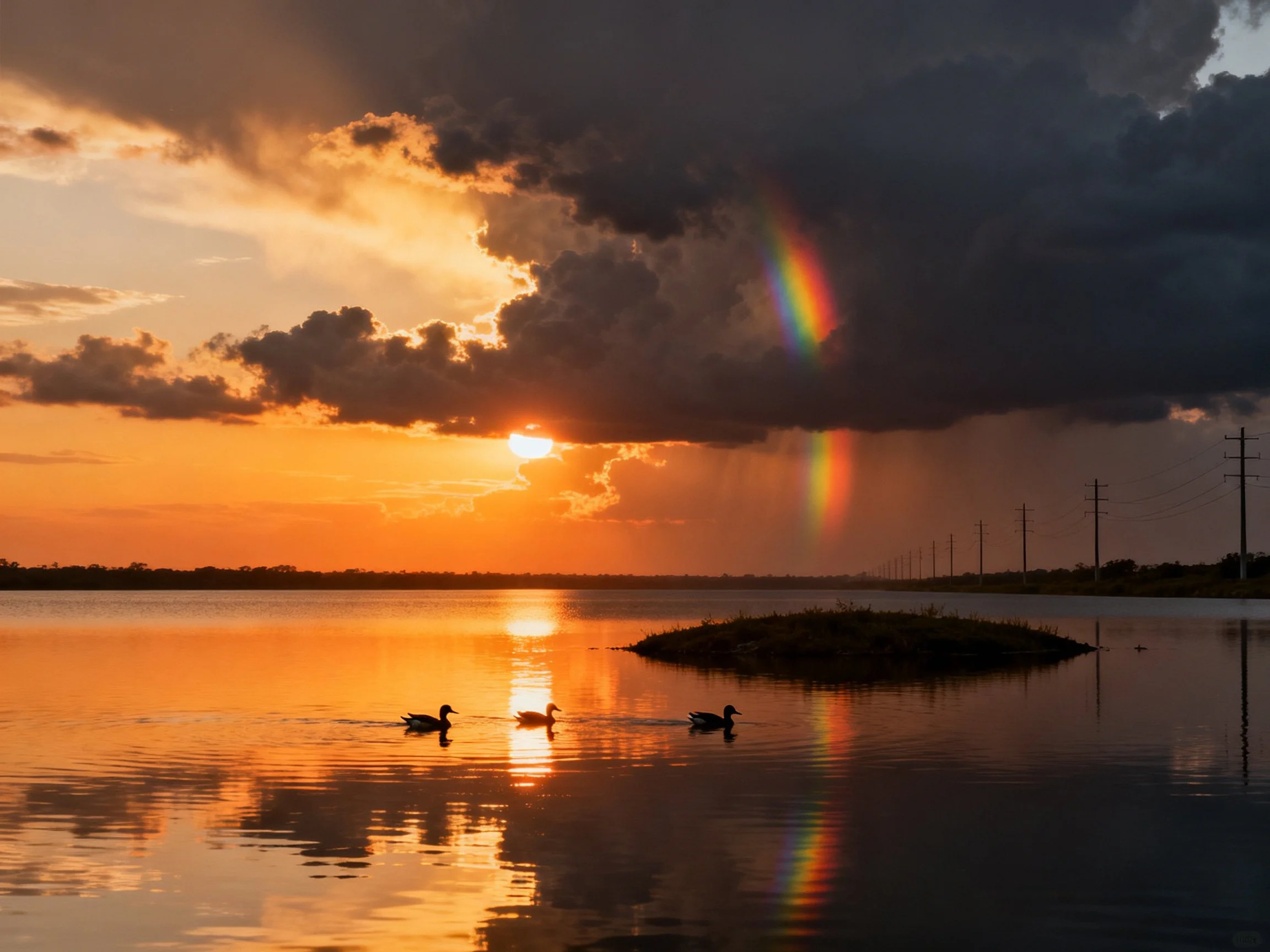 Sunset over calm lake with ducks, rainbow, and stormy sky