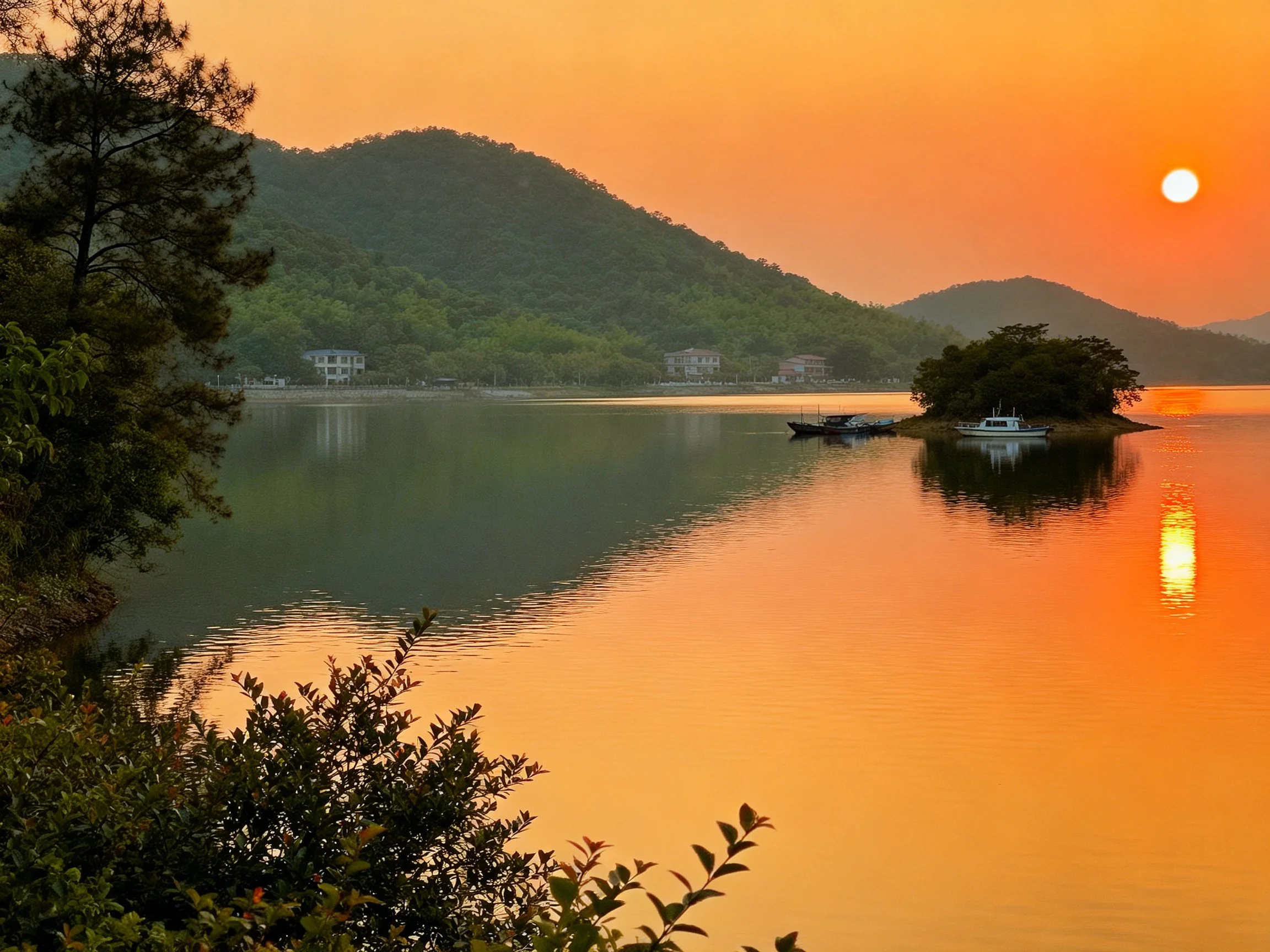 Sunset over calm lake with forested hills and small island