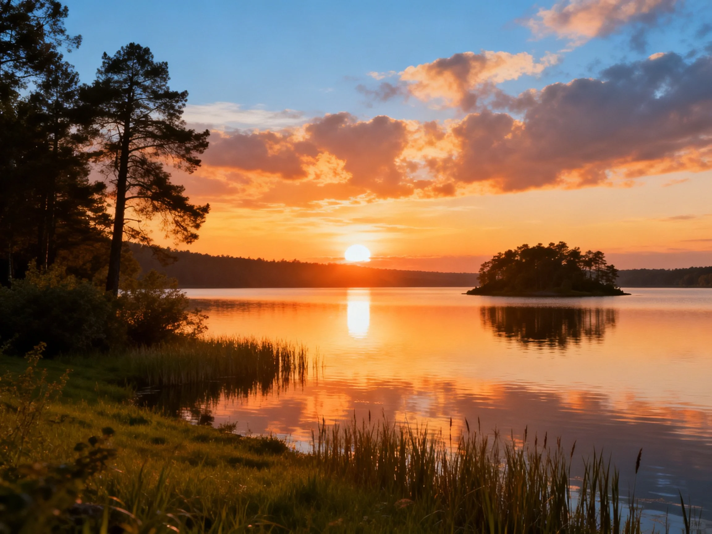Sunset over calm lake with forested island and tall trees