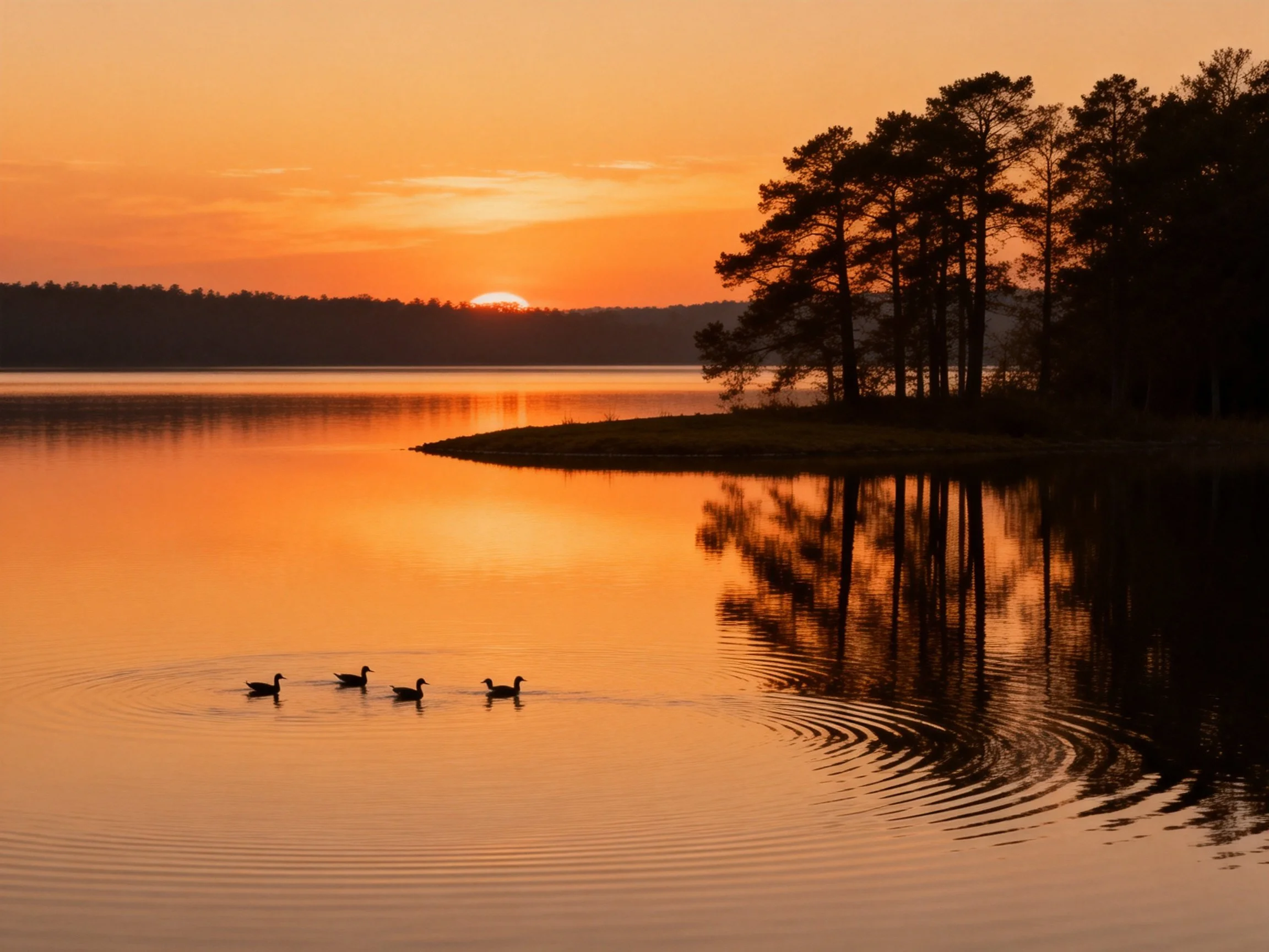 Sunset over calm lake with four ducks swimming near forest shoreline