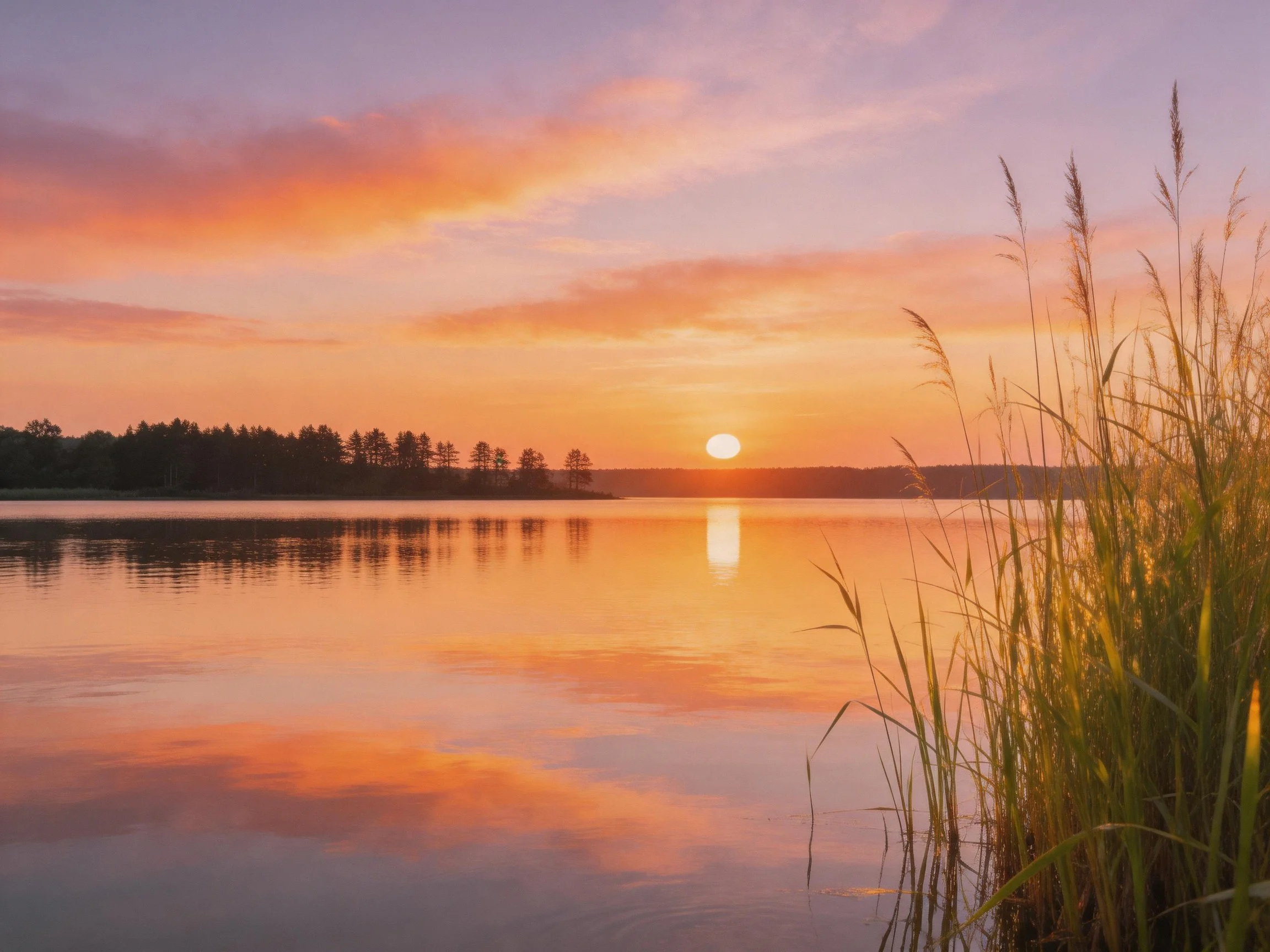 Sunset over calm lake with golden reeds reflecting pink-orange sky
