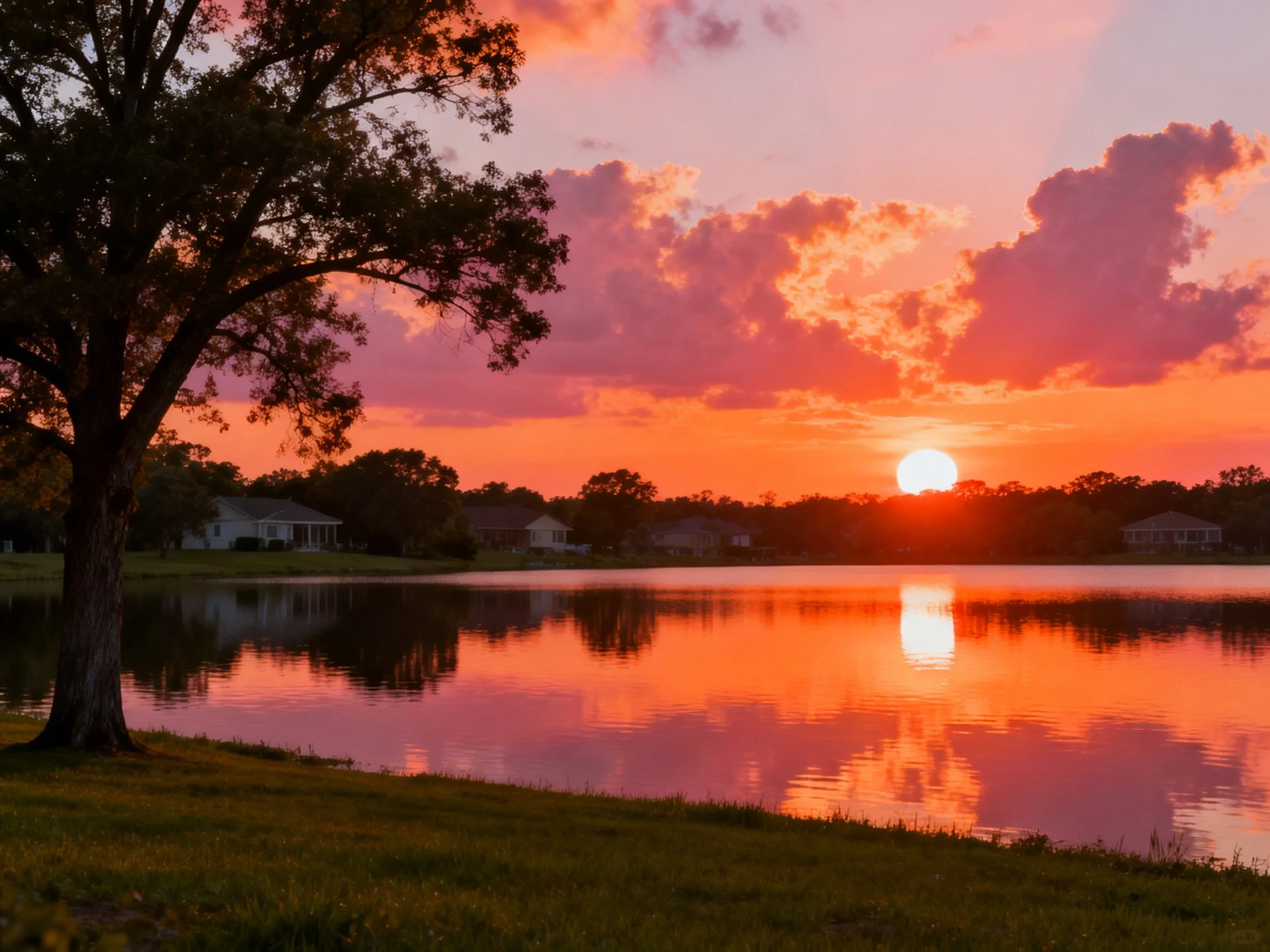 Sunset over calm lake with residential backdrop