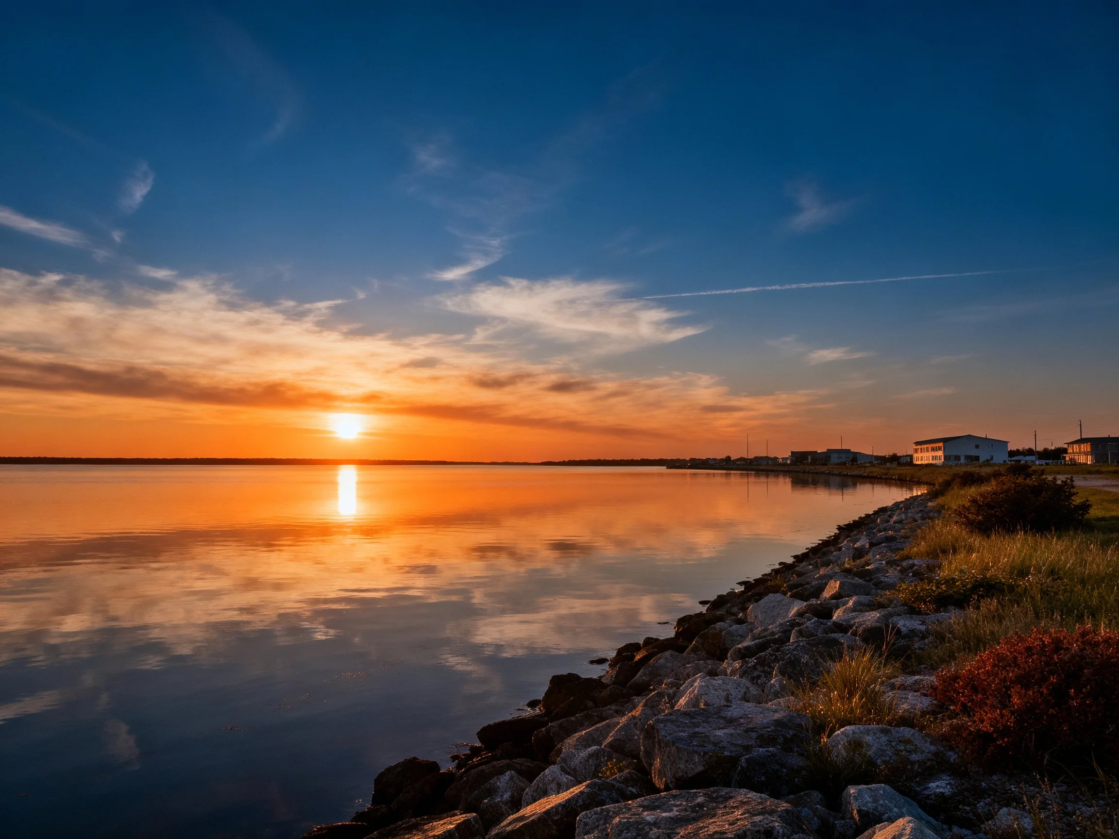 Sunset over calm lake with rocky shore and blue-orange sky