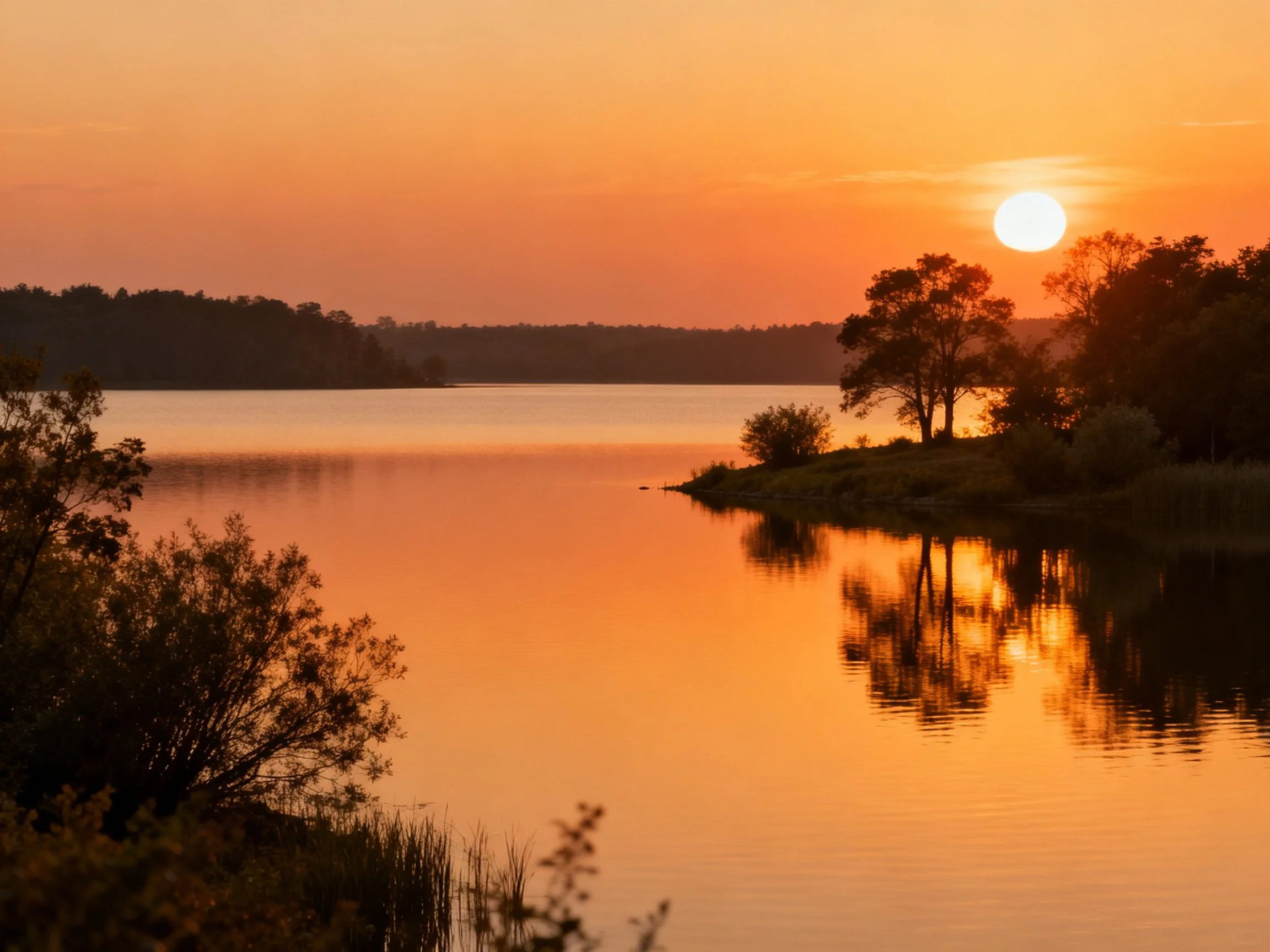 Sunset over calm lake with tree reflections and orange sky