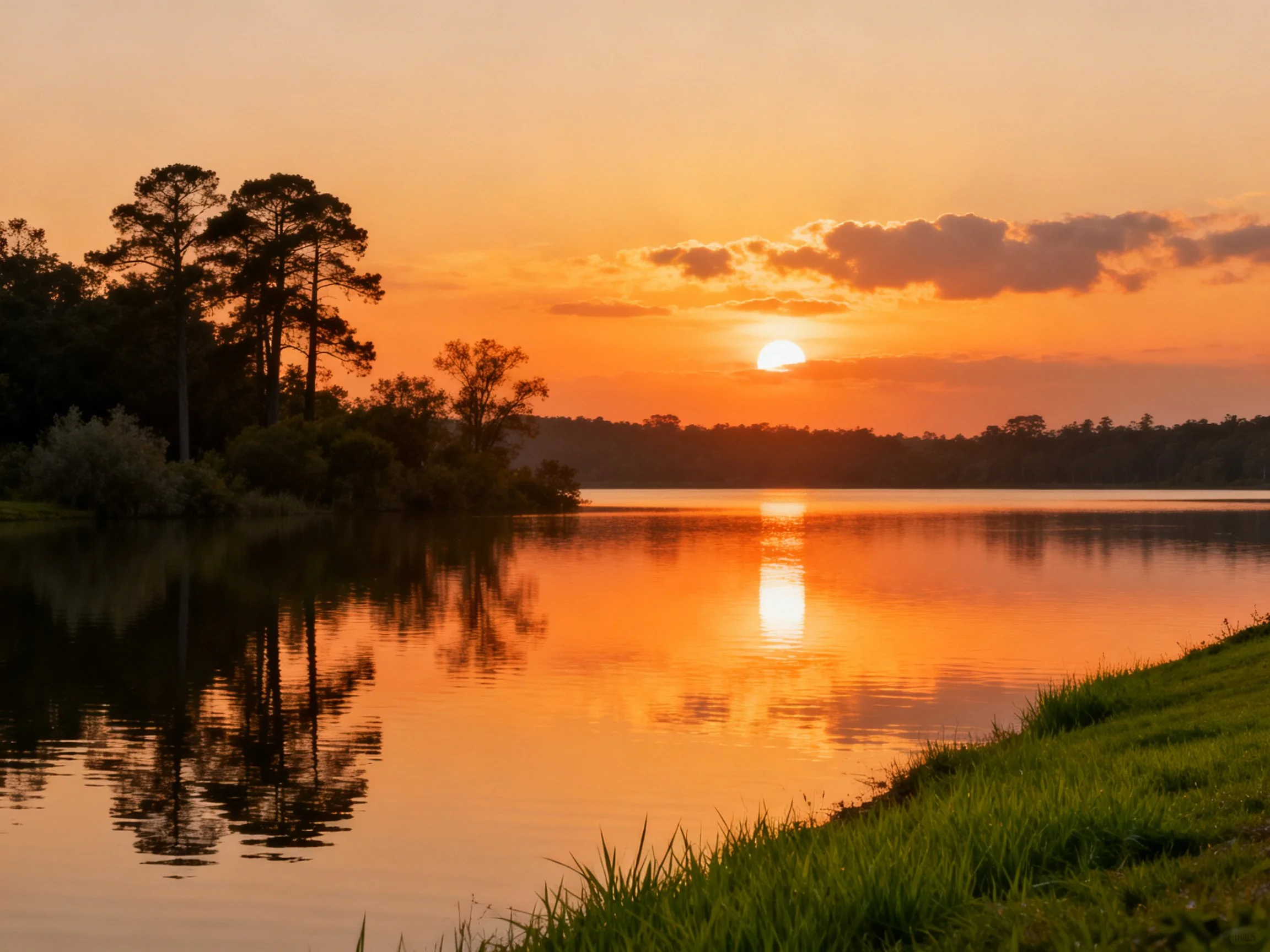 Sunset over calm lake with tree silhouettes and vibrant oranges