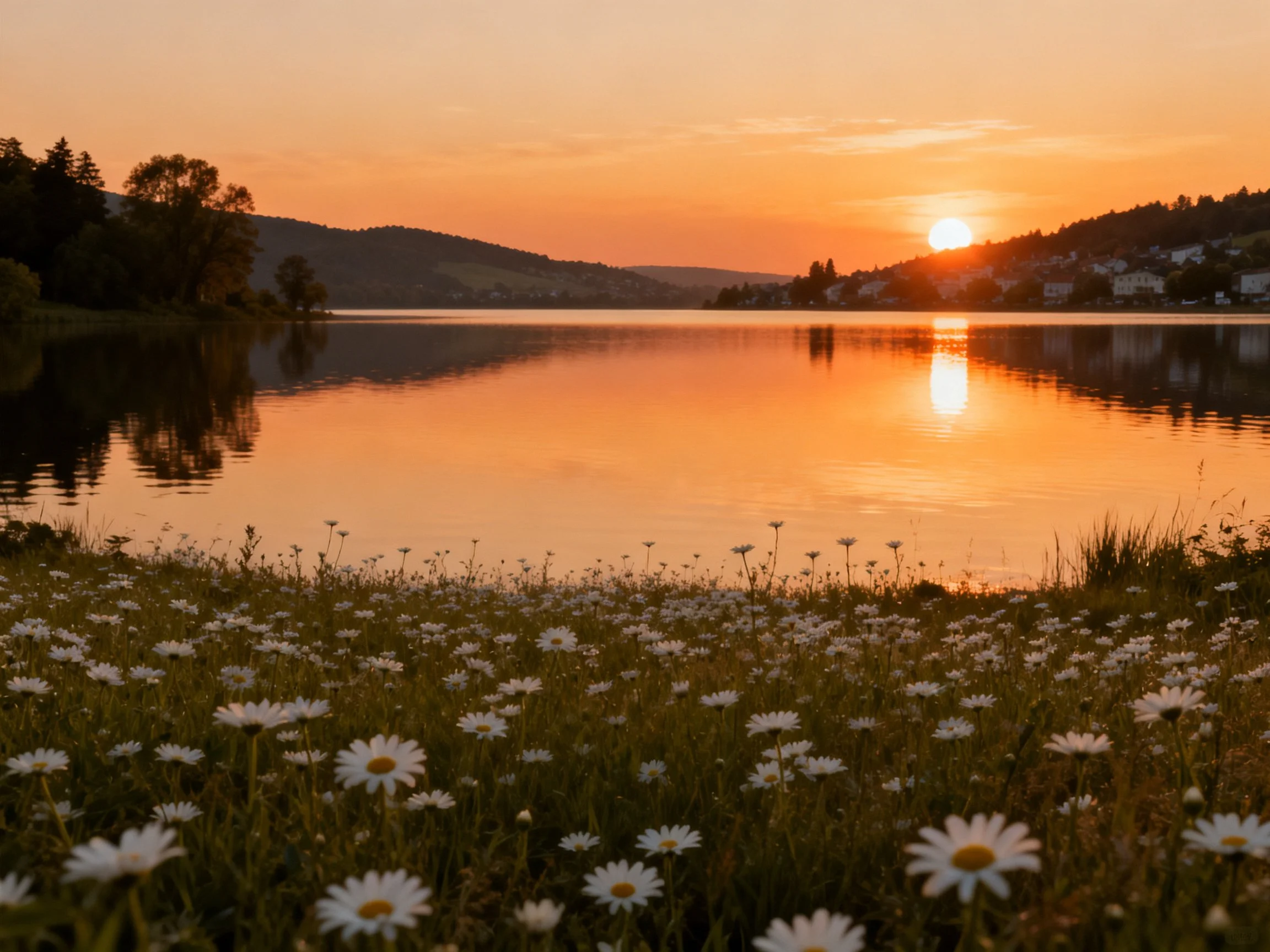 Sunset over calm lake with wildflowers and distant hills