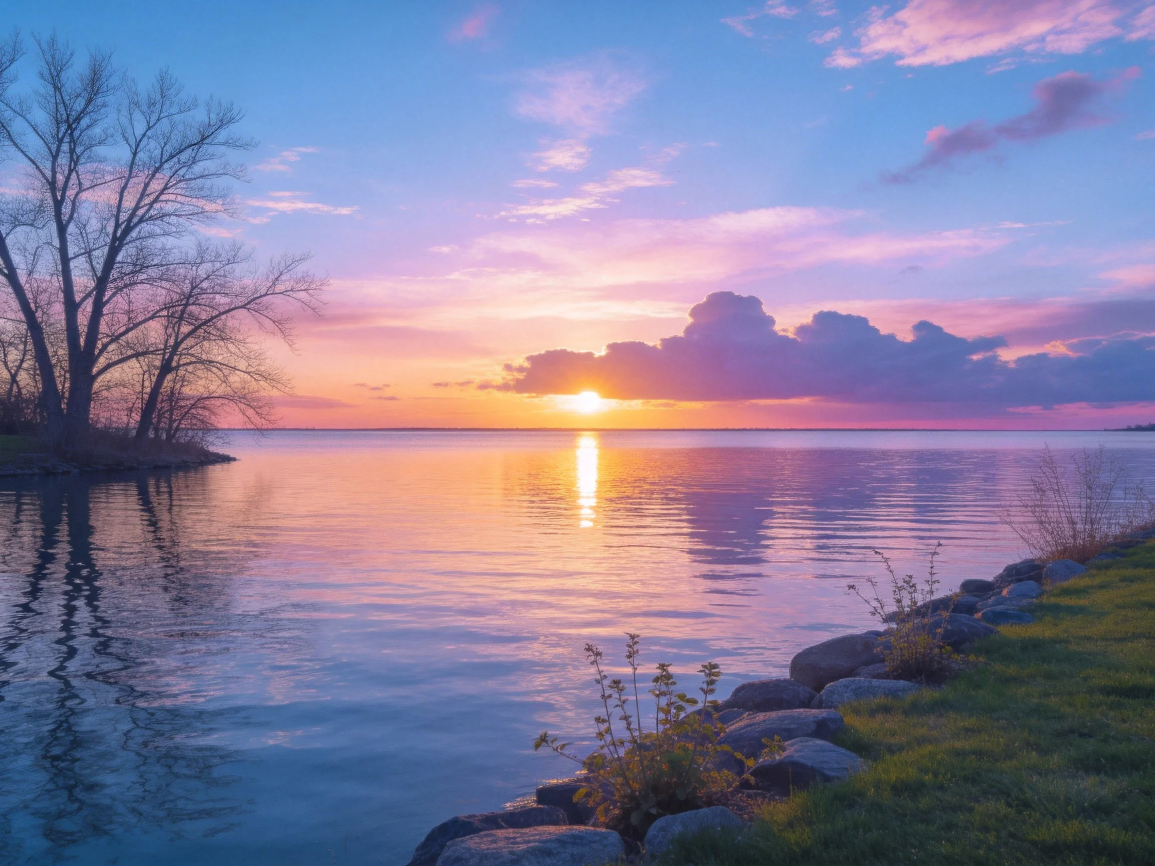 Sunset over calm waters with vibrant pink-purple skies