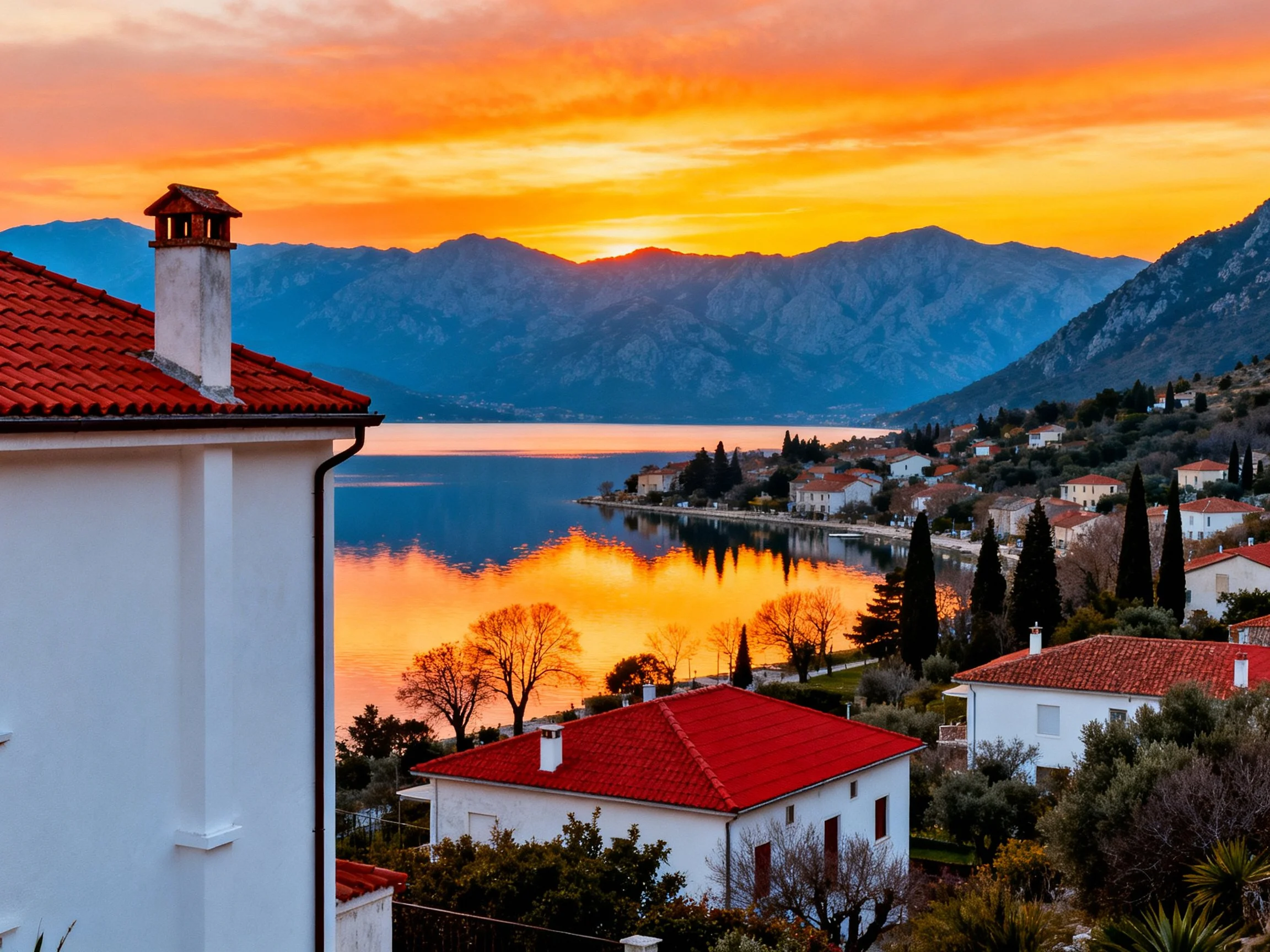 Sunset over coastal village with red-tiled roofs and mountain reflection