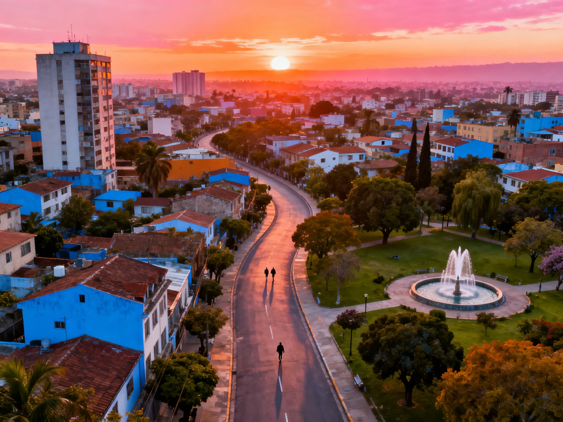 Sunset over colorful city with blue homes, winding road, and fountain park