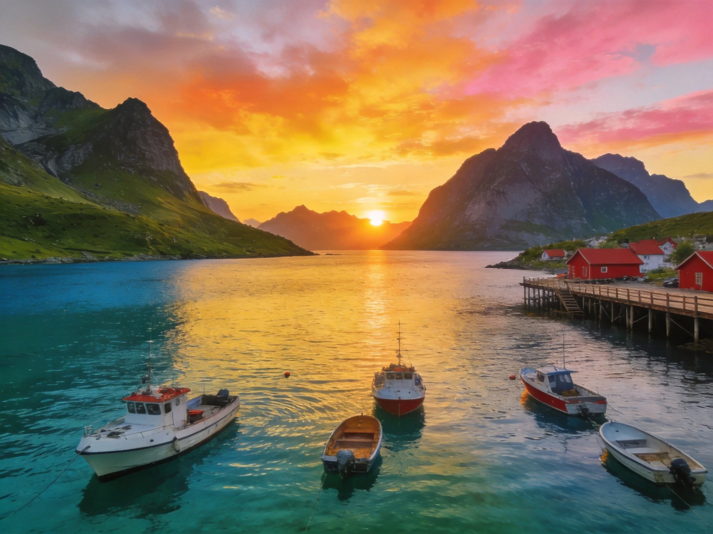 Sunset over fjord with colorful boats and red cabins