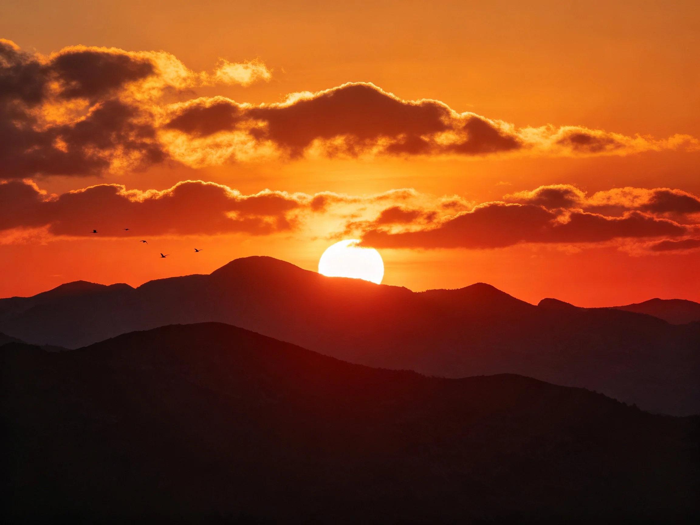 Sunset over layered silhouettes with vibrant orange sky