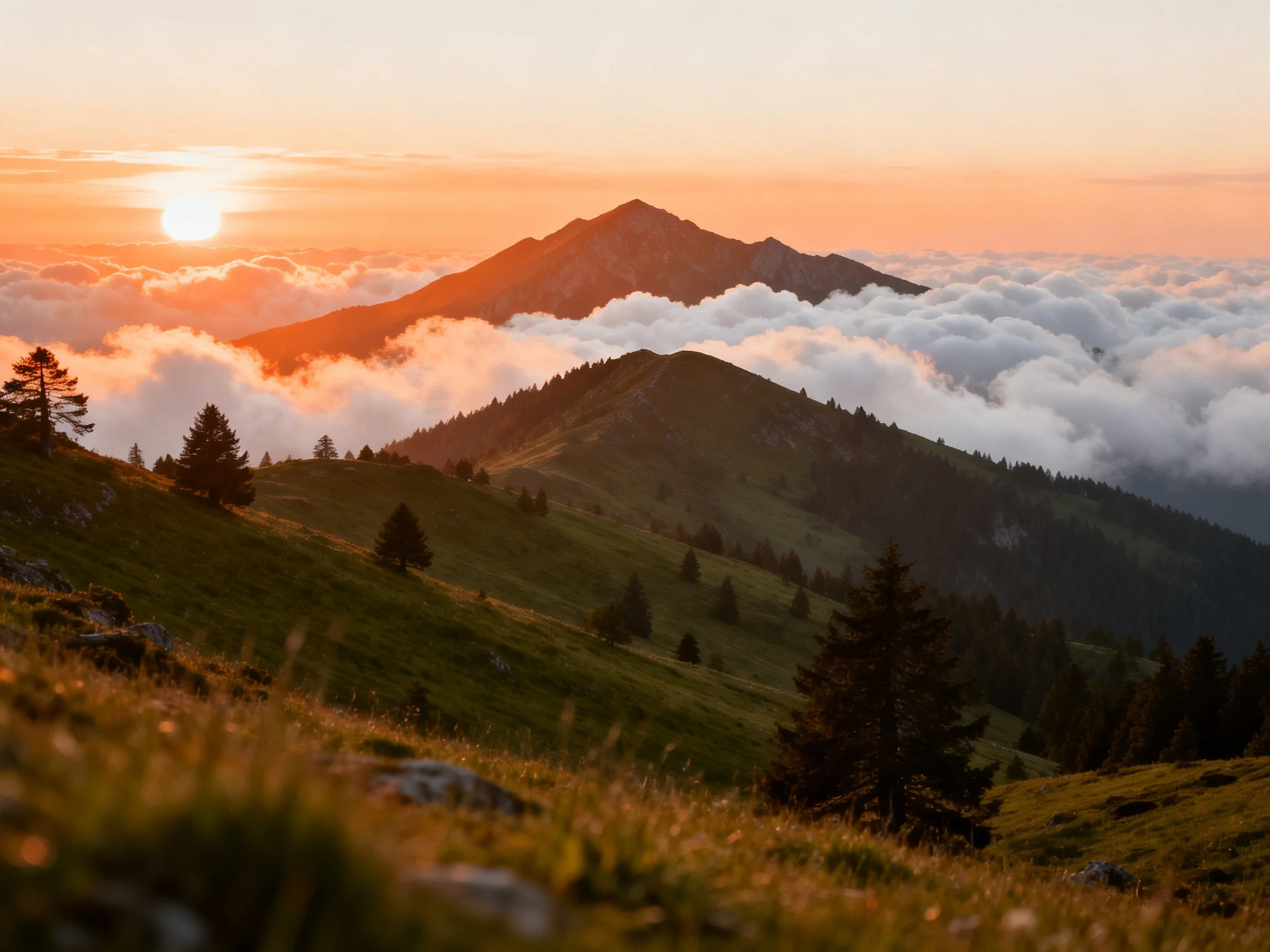 Sunset over mountain peaks above cloud-filled valleys