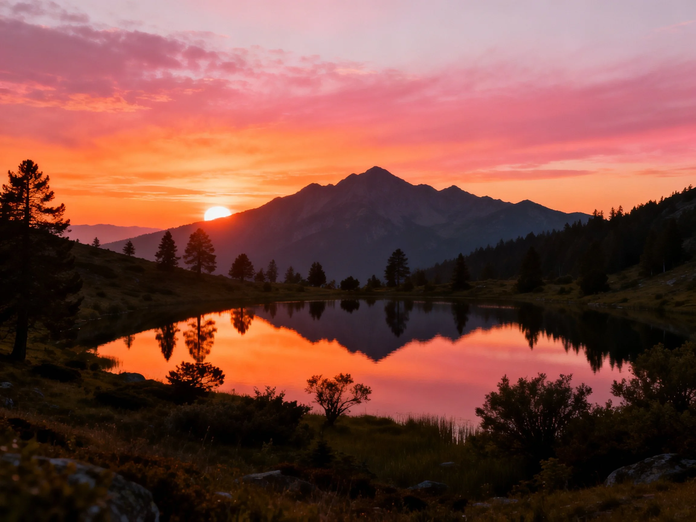 Sunset over mountain peaks reflected in calm lake waters