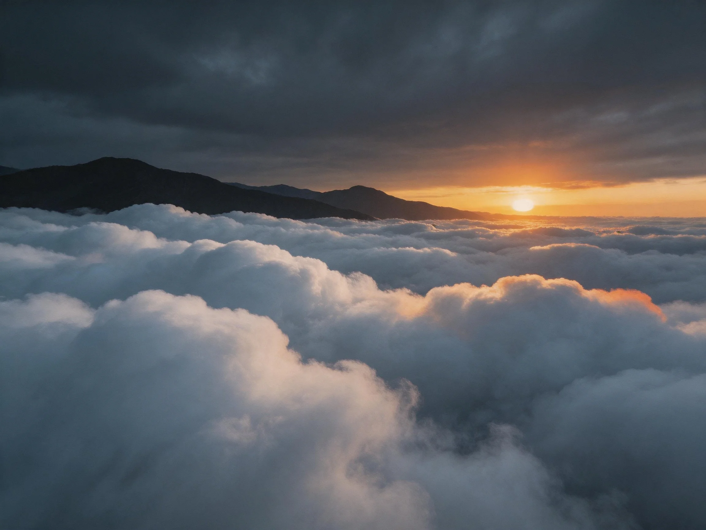 Sunset over mountain peaks with dense cloud cover