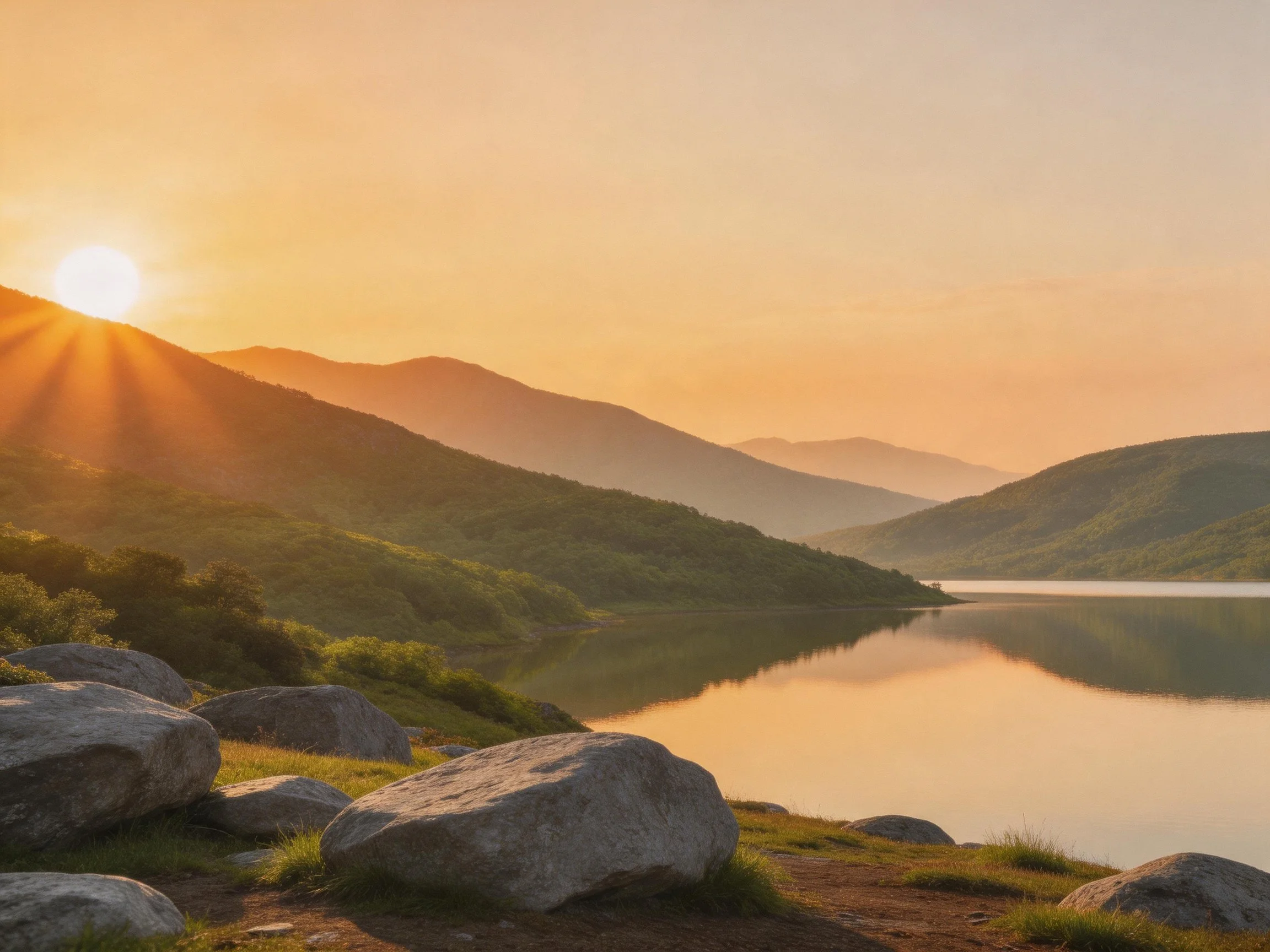 Sunset over mountainous landscape with rocky shore and calm lake