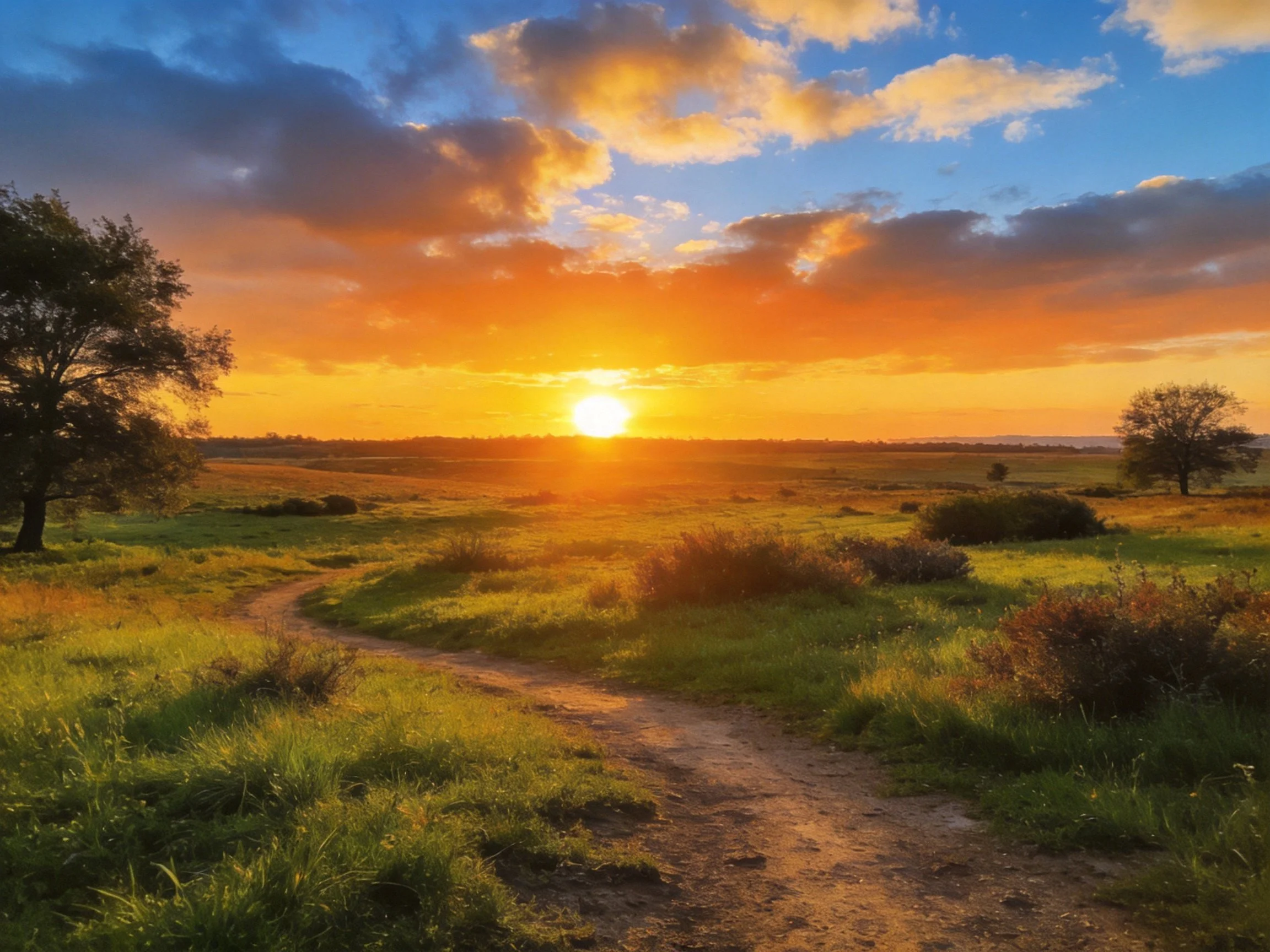 Sunset over open field with winding dirt path and vibrant sky