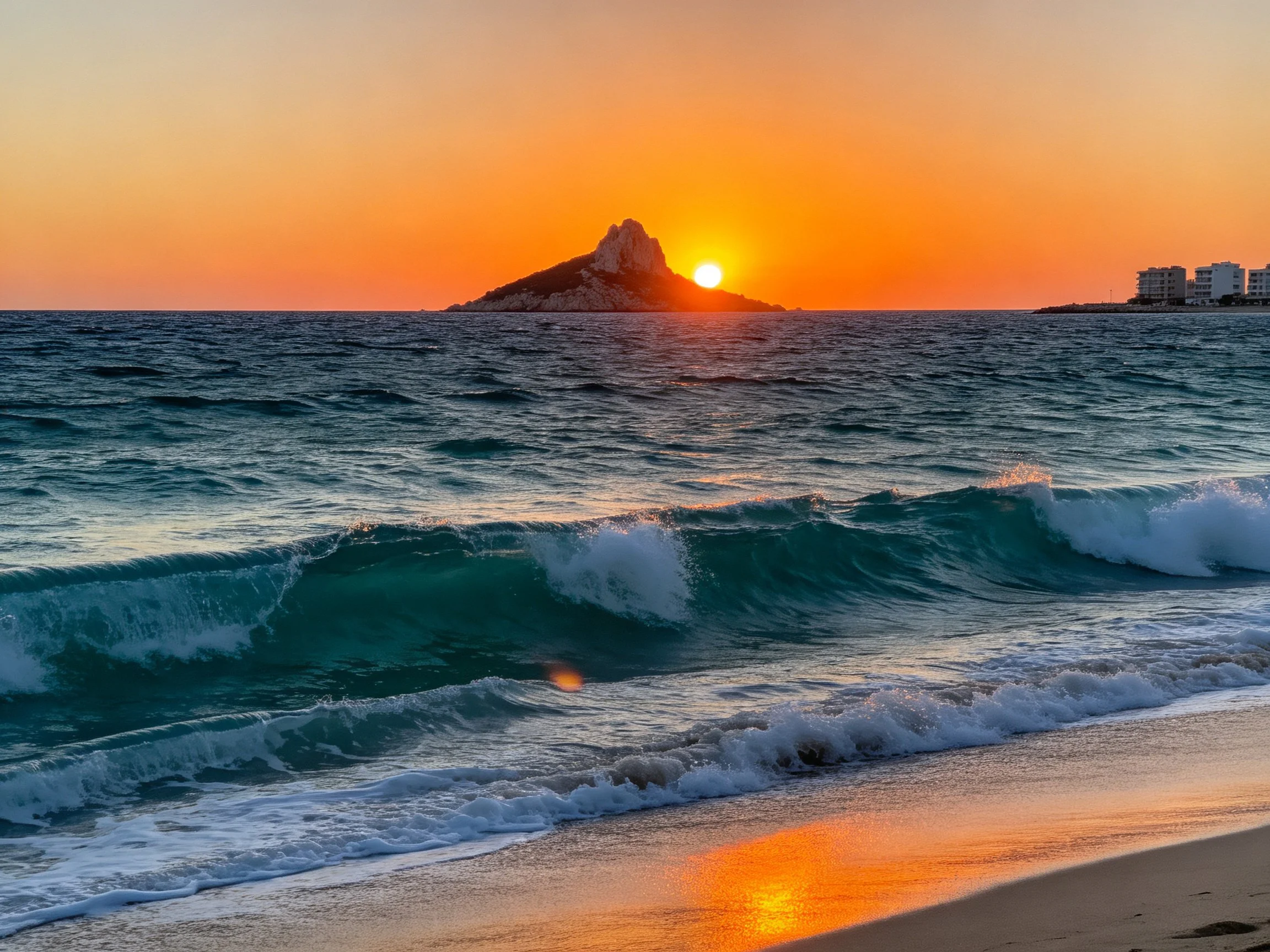 Sunset over rocky island with turquoise waves and golden sand