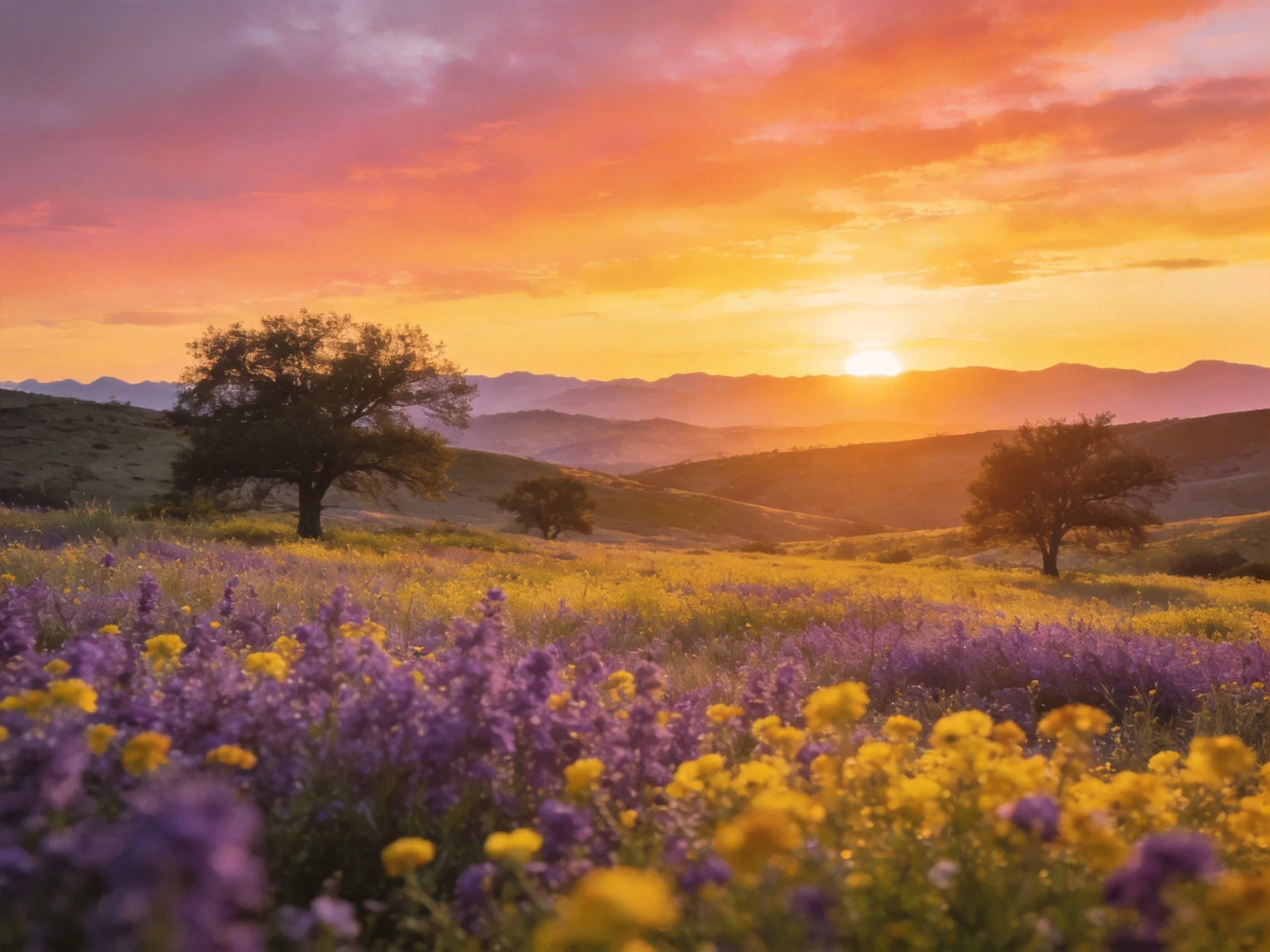 Sunset over rolling hills with vibrant wildflower fields