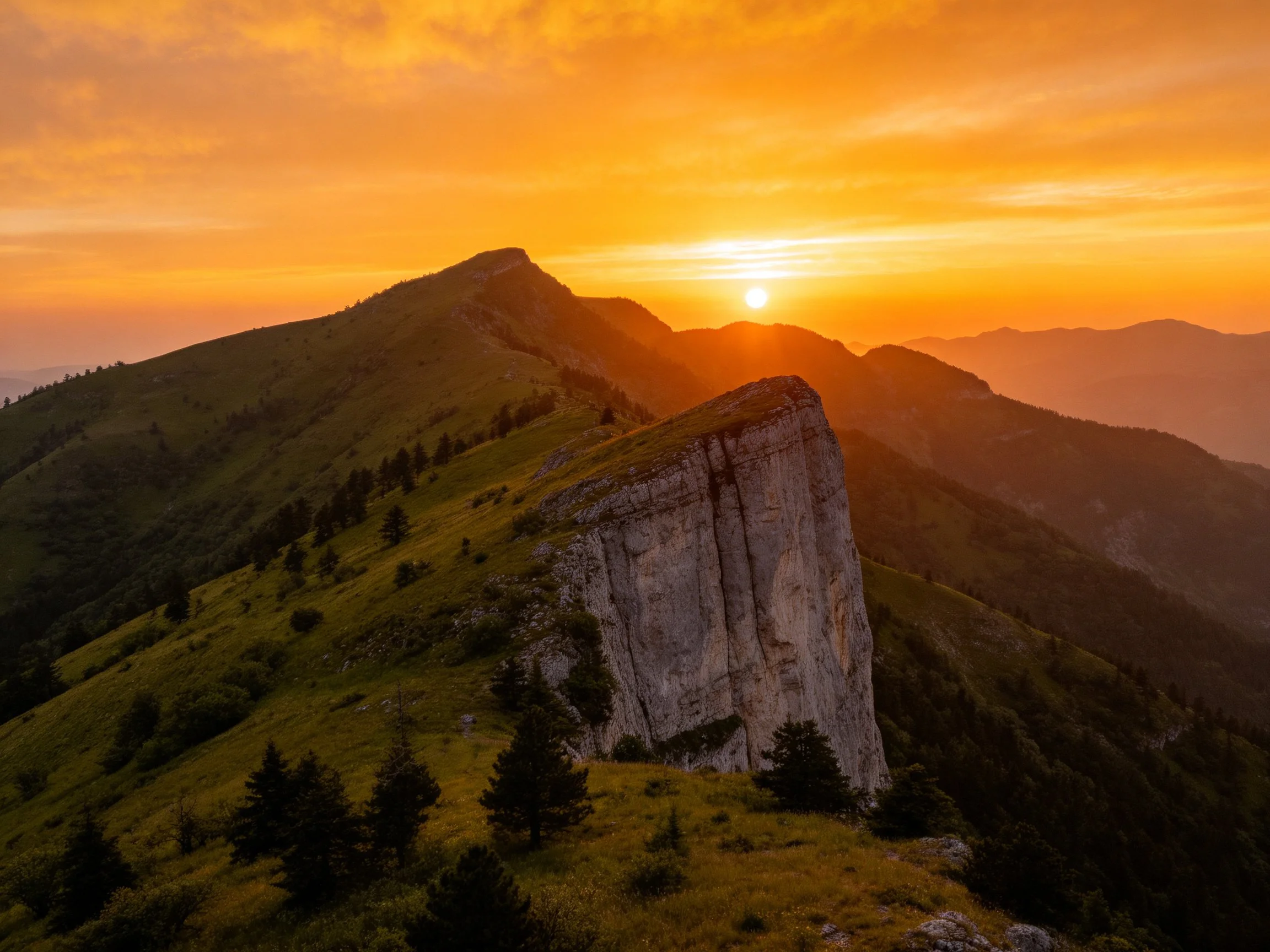 Sunset over ruggedmountain ridge with rocky outcrop and golden sky
