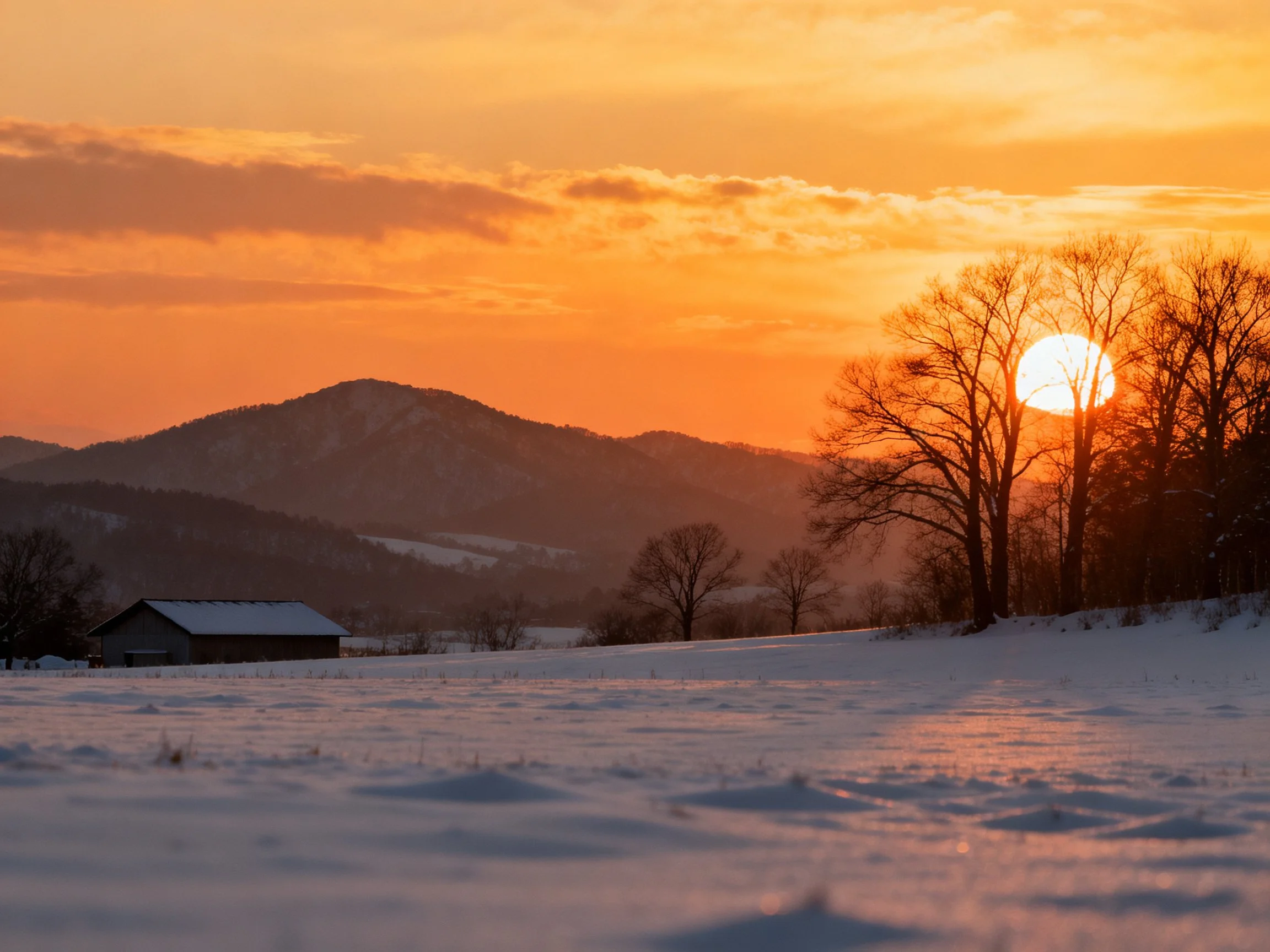 Sunset over snowy field with mountains, bare trees, and a small cabin.