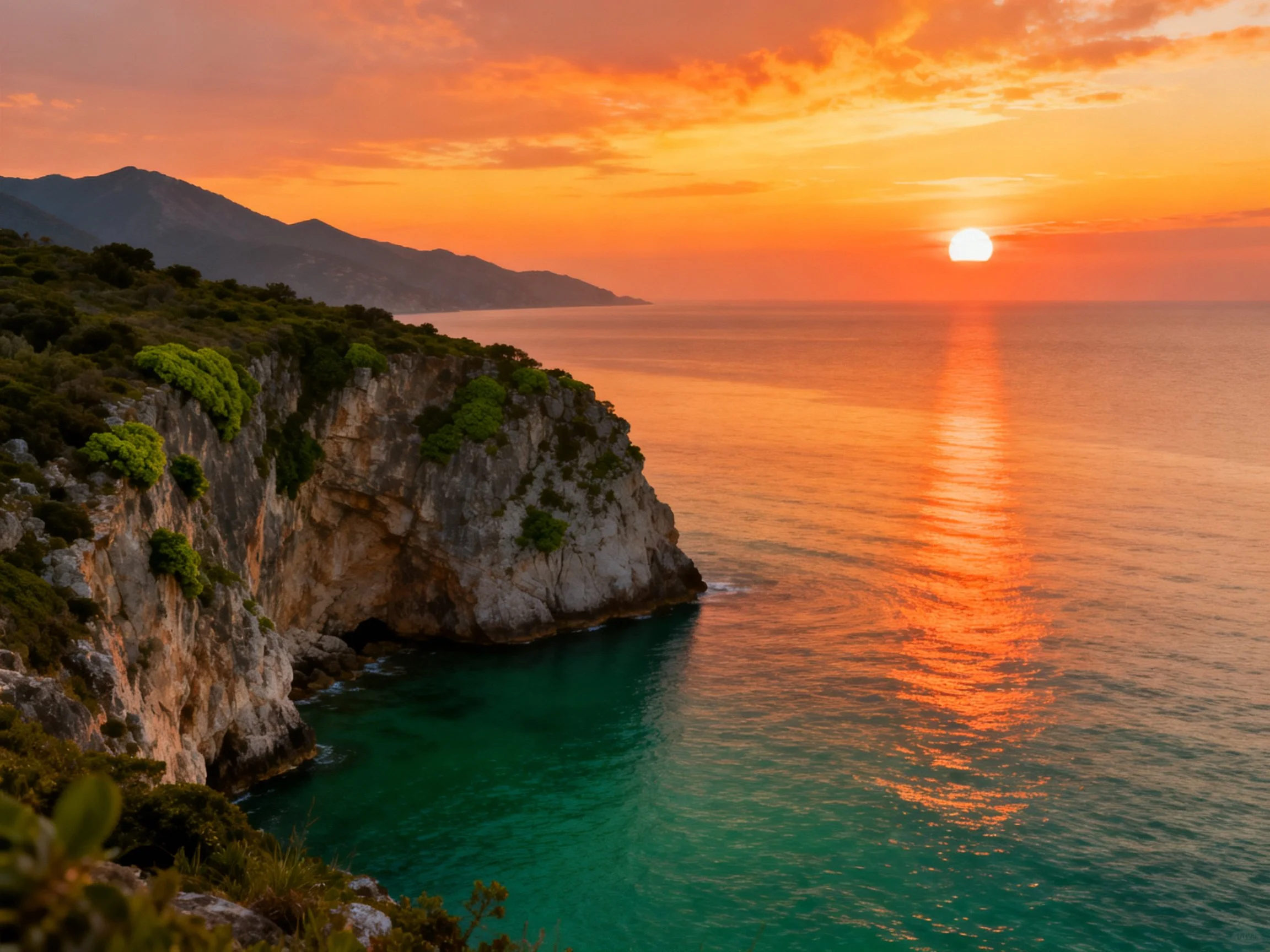 Sunset over turquoise waters near rocky cliffs with lush vegetation