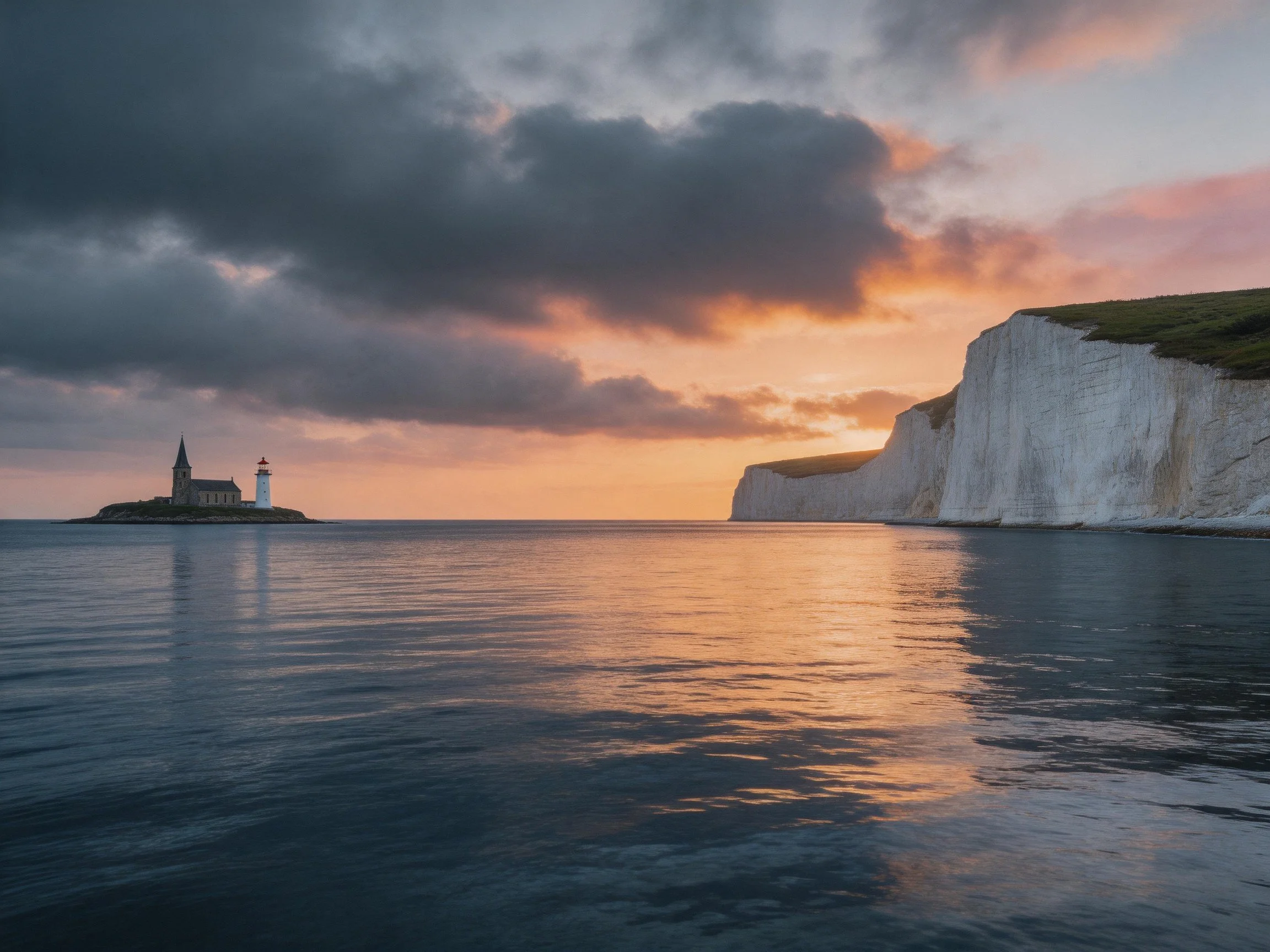 Sunset over white cliffs, island church, and lighthouse