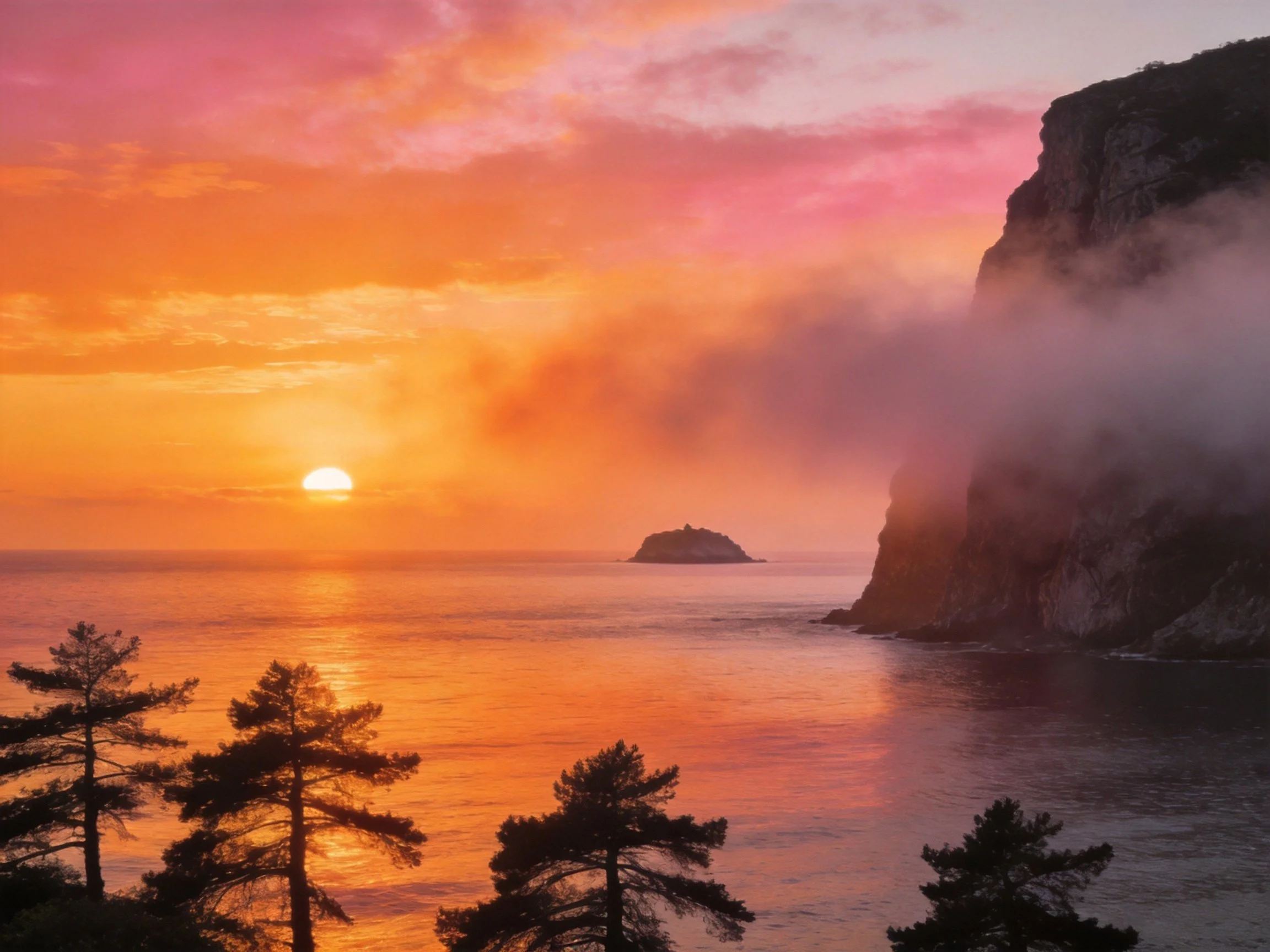 Sunset paints vibrant sky over coastal cliffs and waters