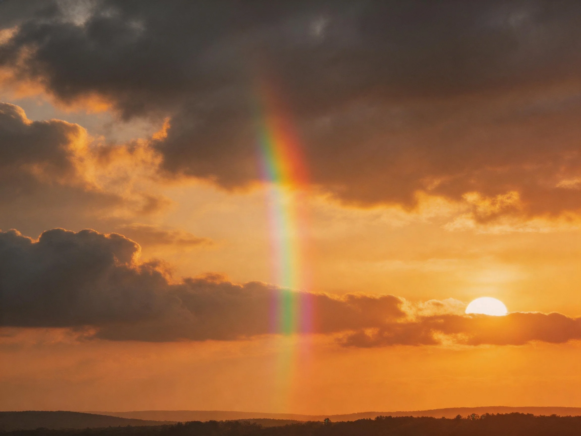 Sunset with Rainbow and Dark Clouds Over Landscape