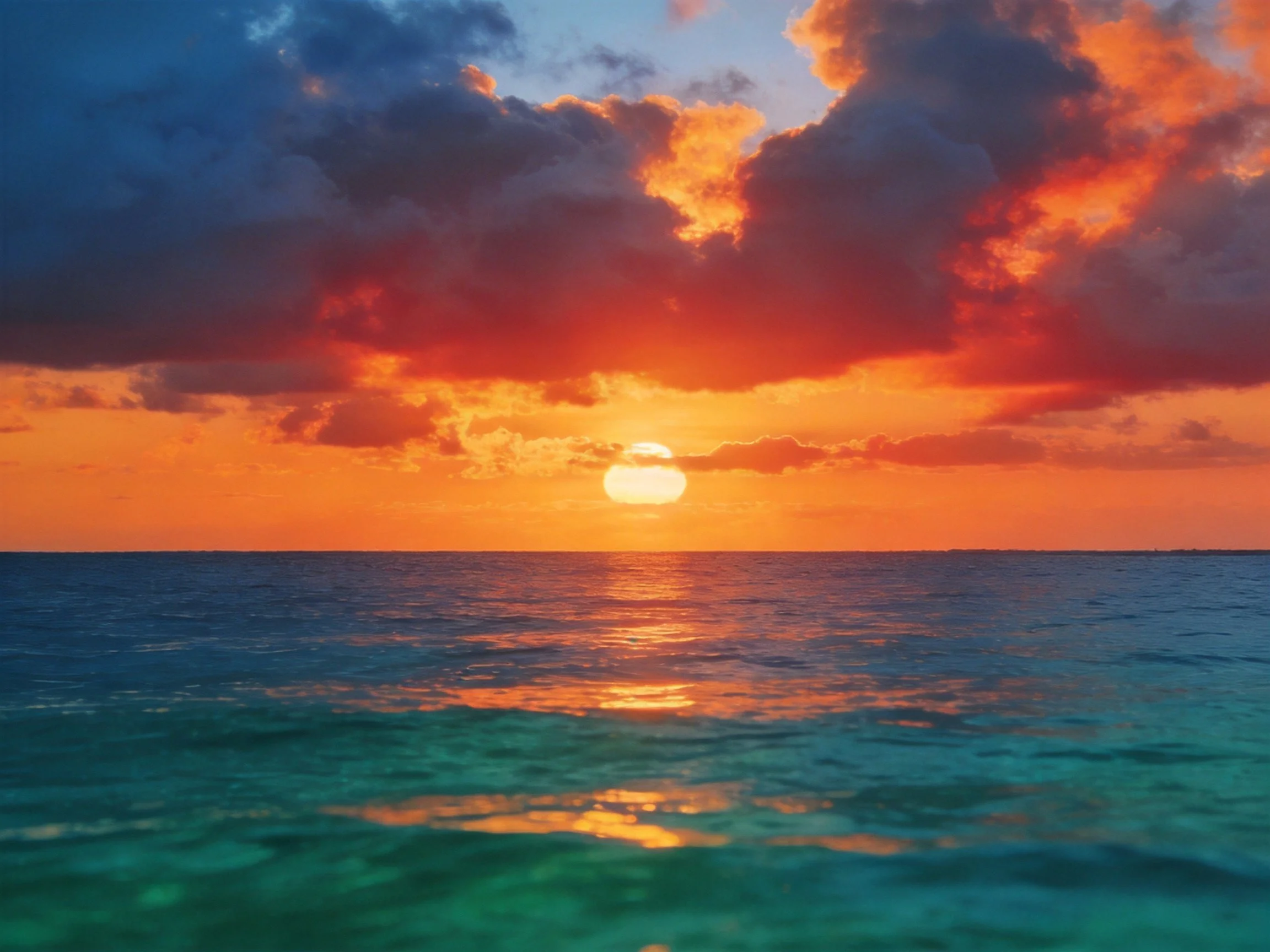 Sunset with vibrant orange-red clouds over turquoise ocean
