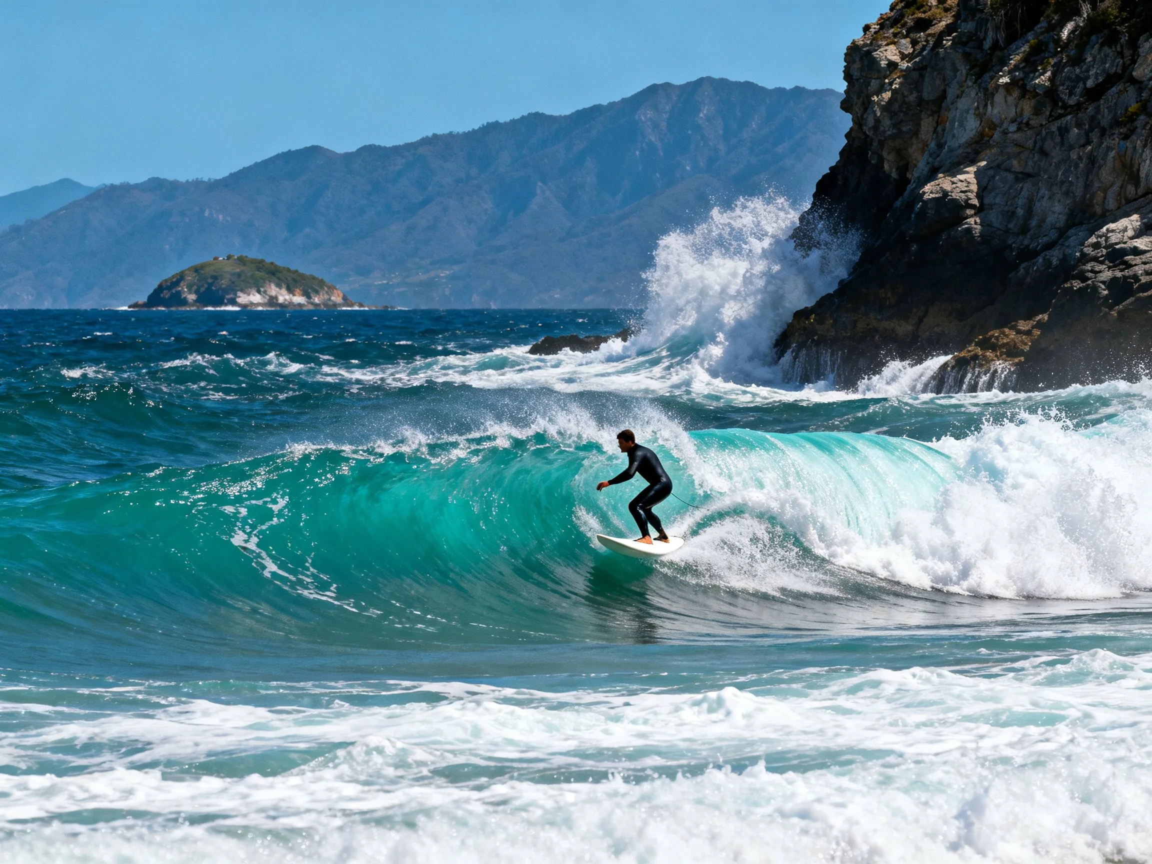 Surfer Riding Turquoise Wave by Rocky Coastal Cliffs