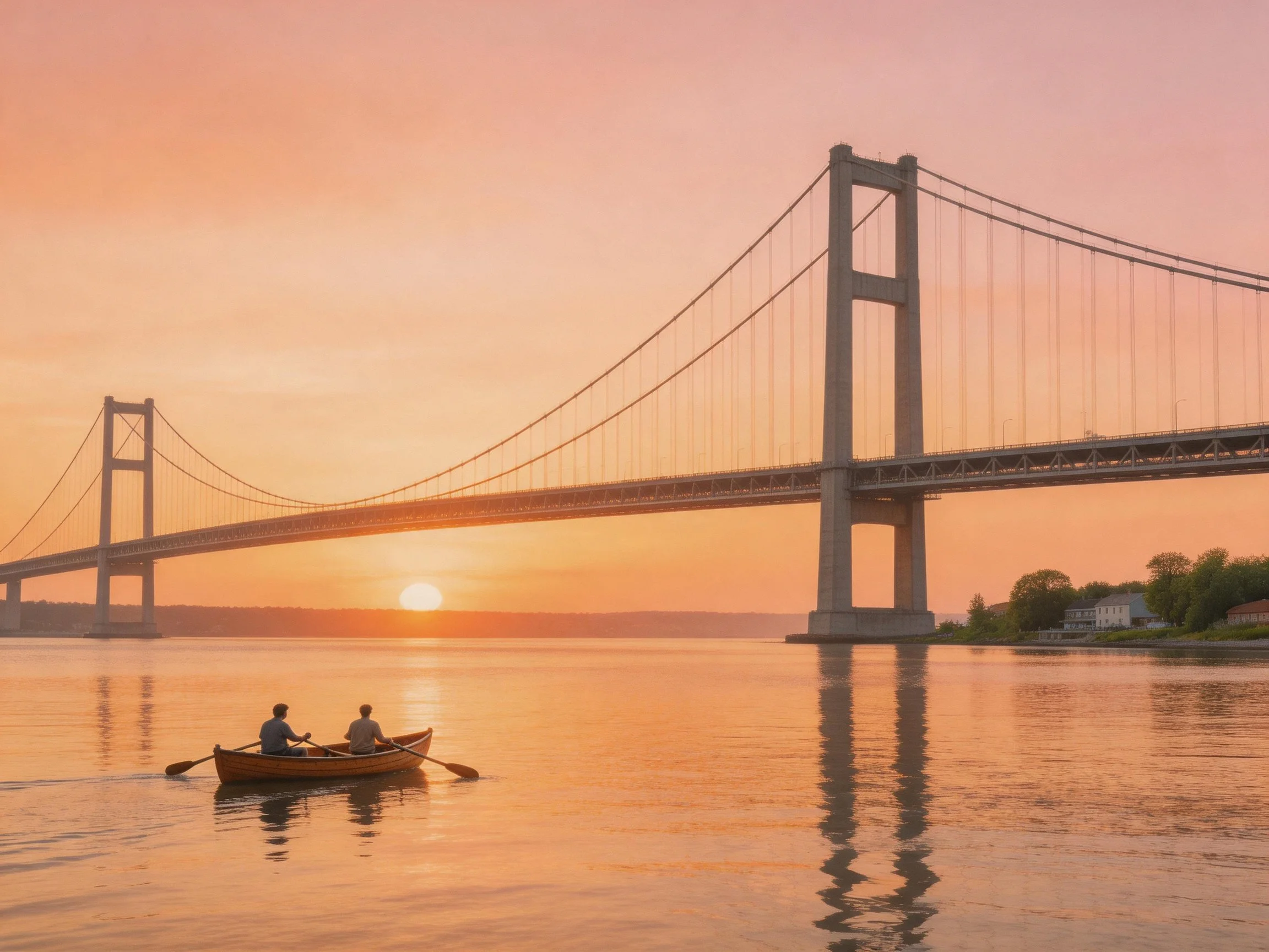 Suspension bridge spans calm waters at sunset with a canoe