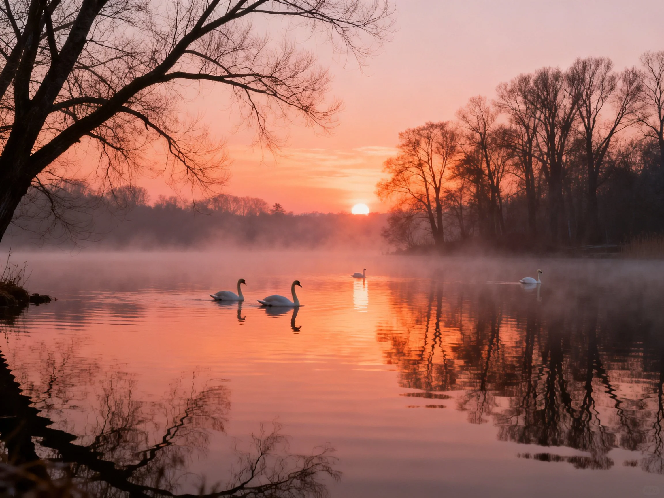 Swans glide across a misty lake at sunrise with orange skies