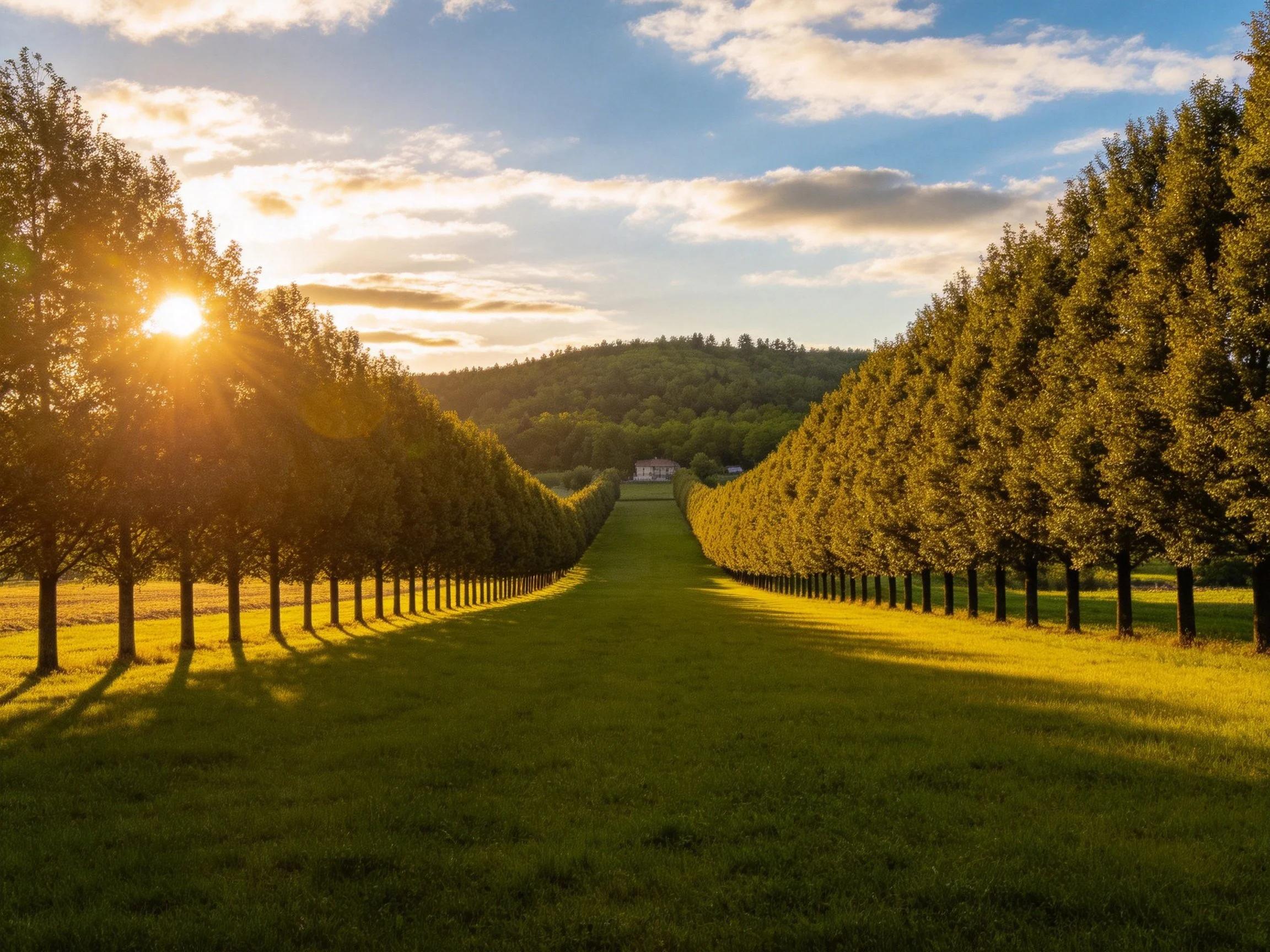 Symmetrical tree avenues illuminated by golden sunset