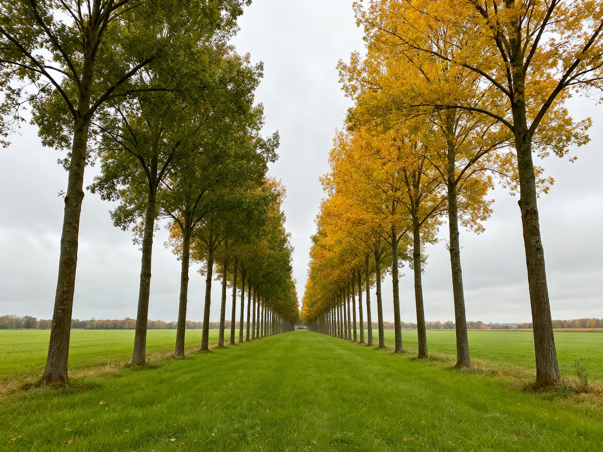 Symmetrical tree rows with green and golden canopies along a grassy path