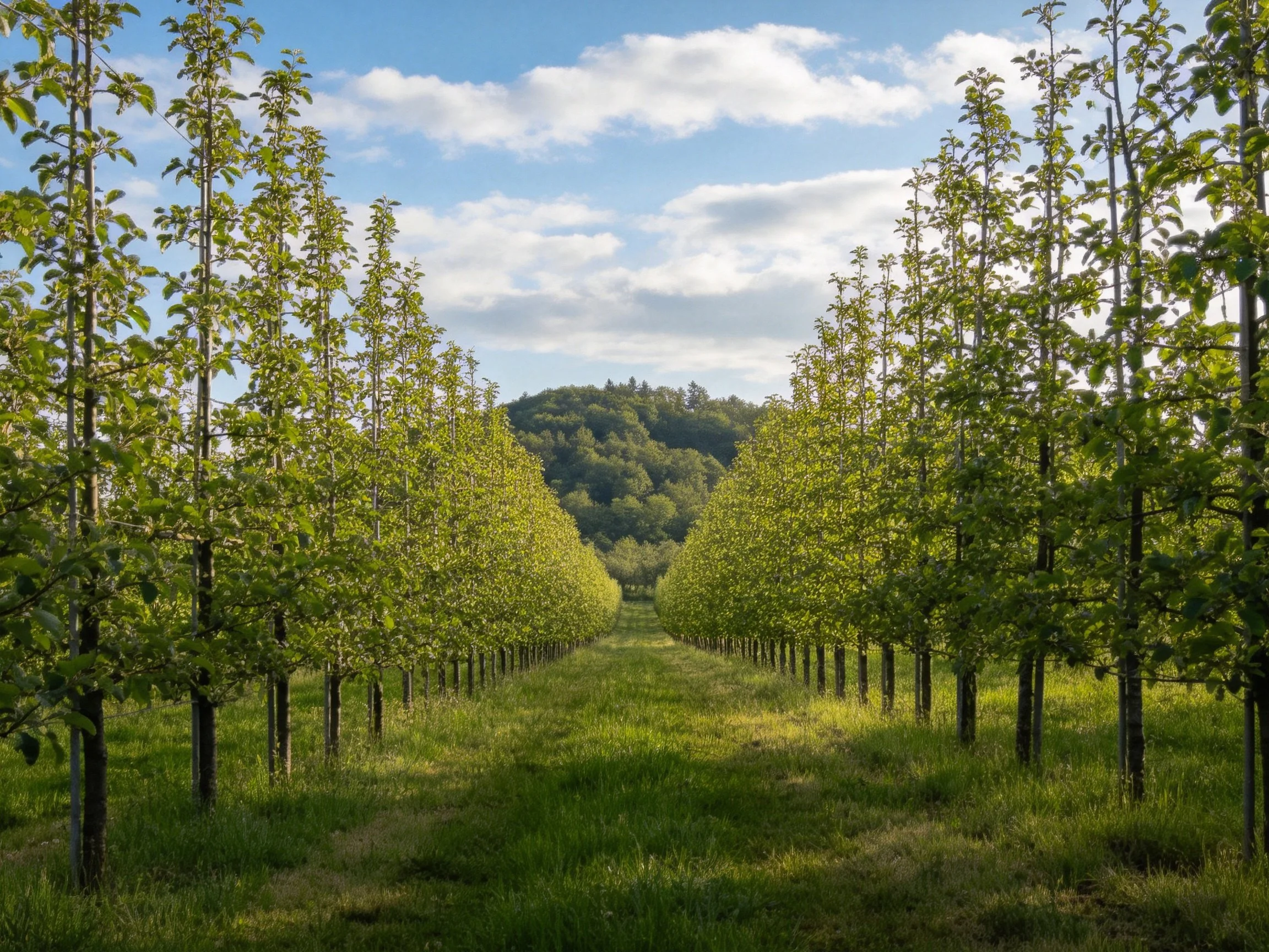 Symmetrically arranged tree rows in a sunlit orchard