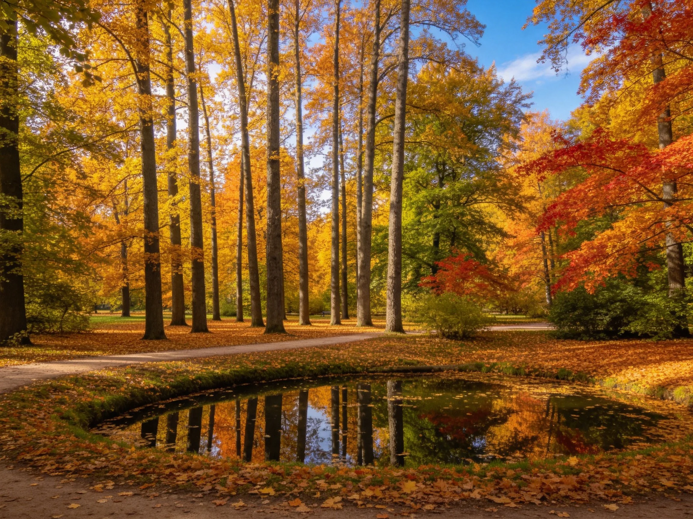 Tall autumn trees with golden, red, and green foliage near a reflective pond