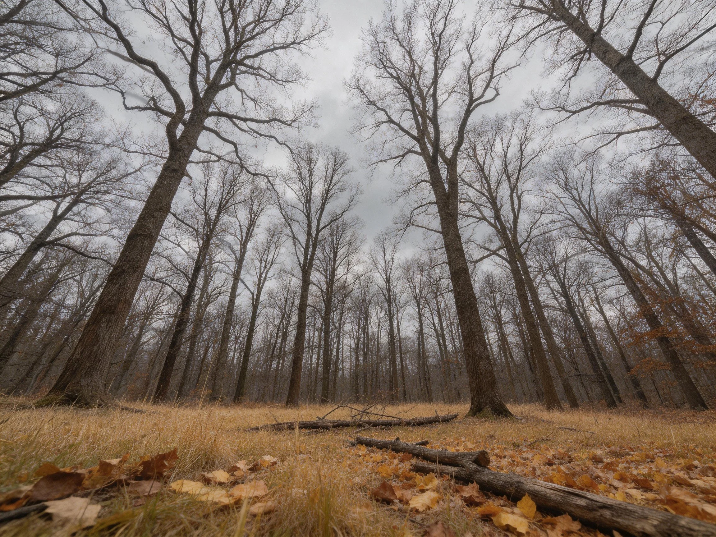 Tall bare trees fill a forest clearing with autumn leaves