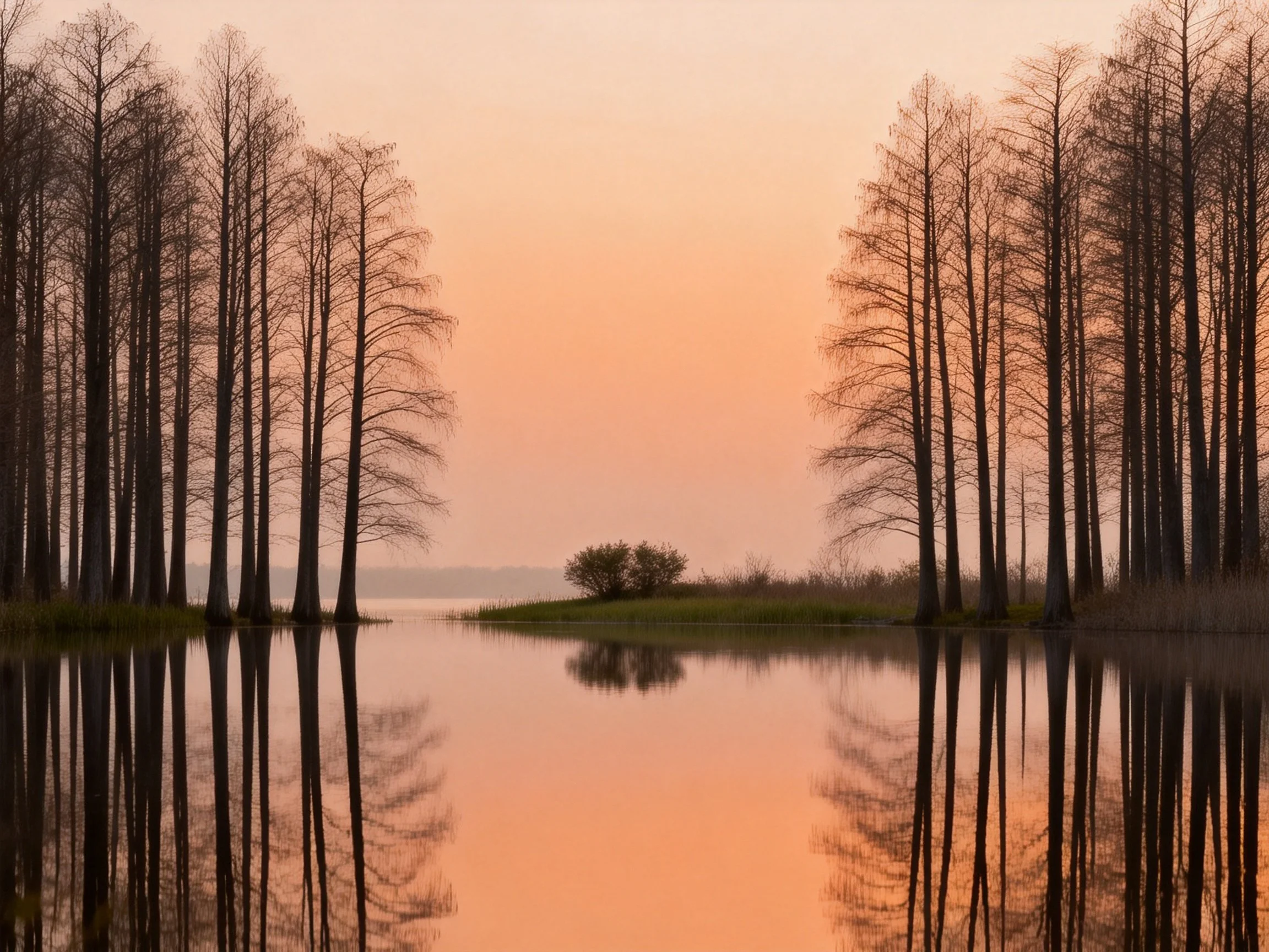 Tall bare trees reflect in calm water under pink-orange sky