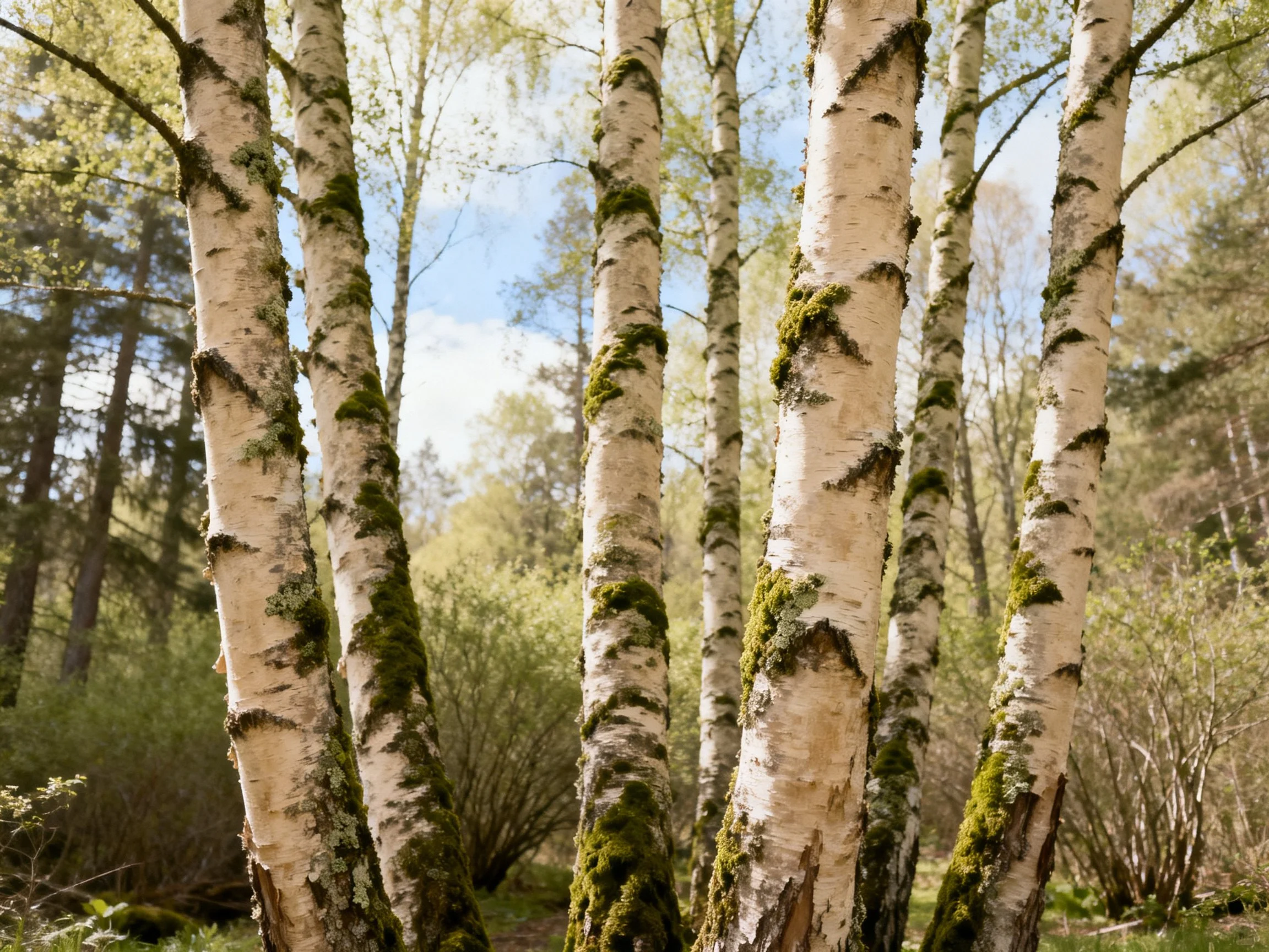 Tall birch trees with moss-covered trunks in a sunlit forest