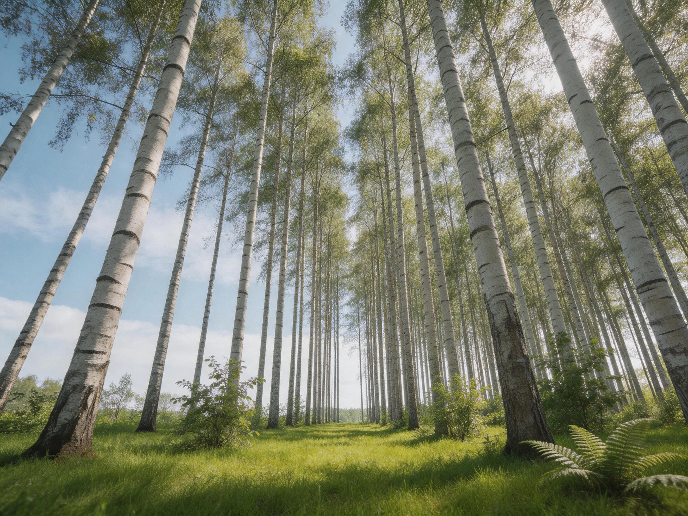 Tall birch trees with white bark tower over a lush green forest path