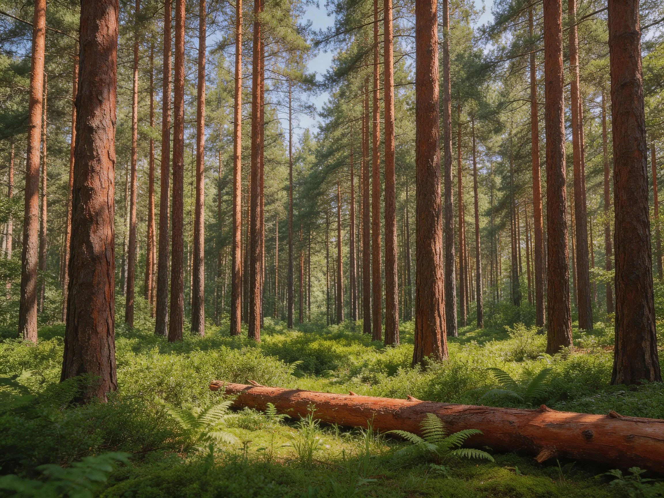 Tall brown pine trees in lush green forest with fallen log