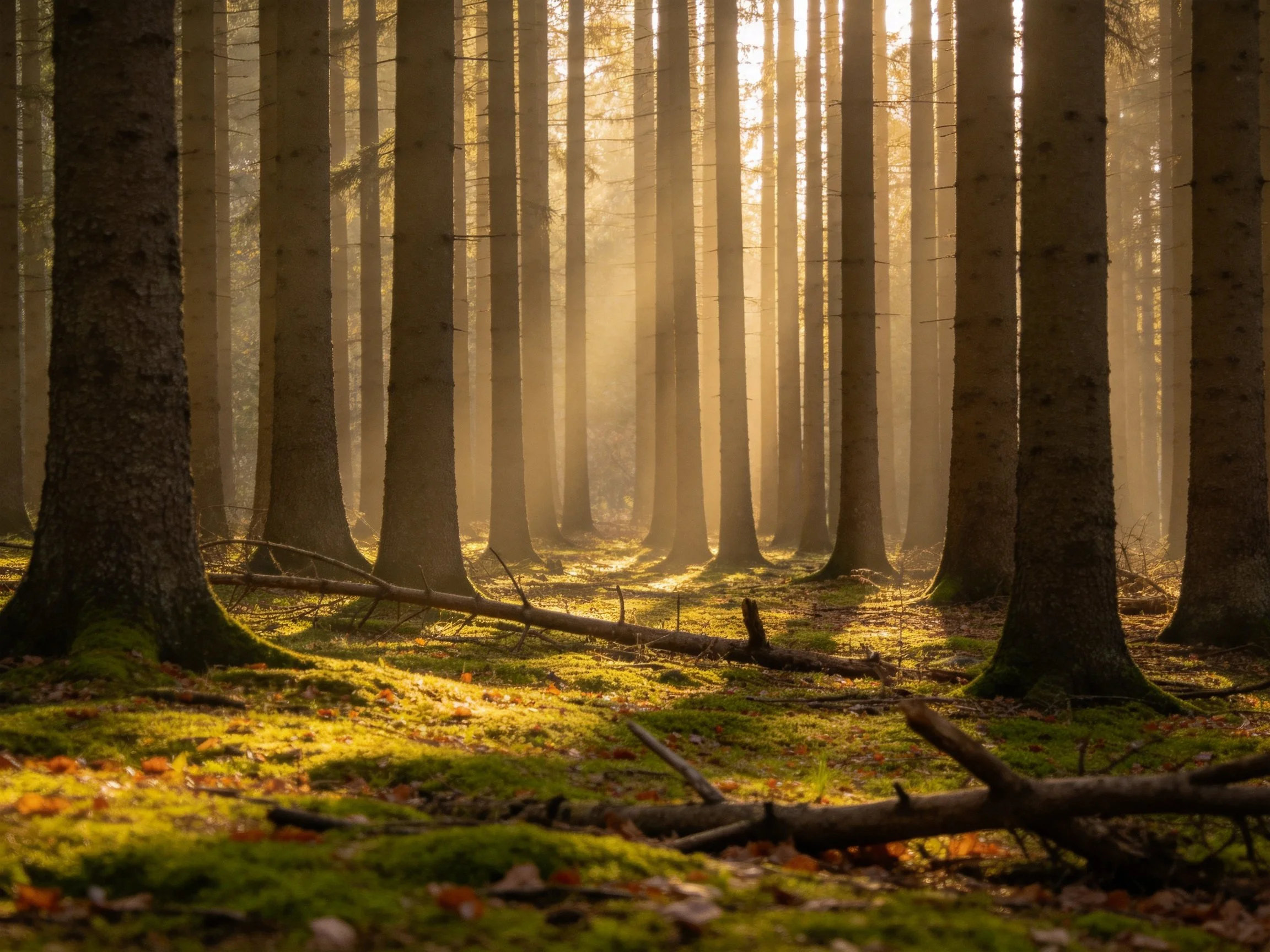 Tall brown trees in misty golden forest with green moss