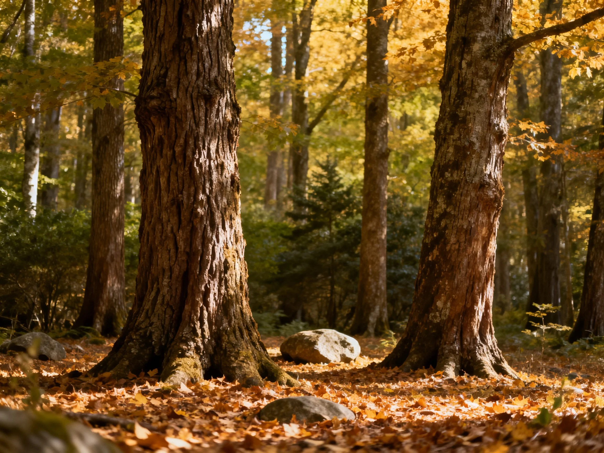 Tall brown-trunked trees in golden autumn forest